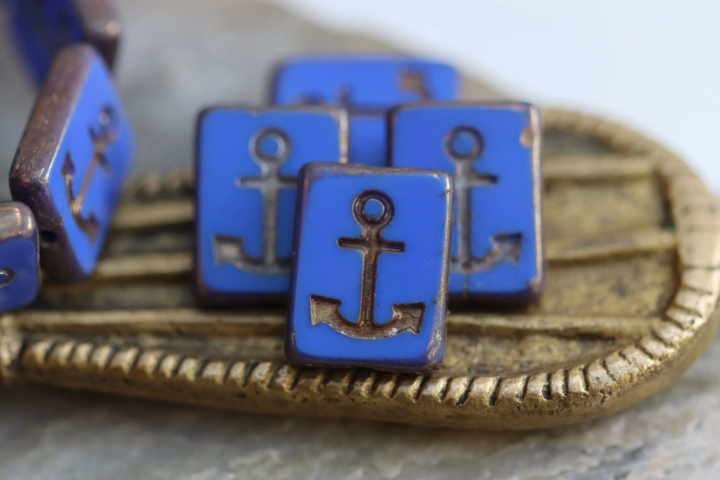 Cornflower Blue Rectangle Anchor Czech Glass Beads 15x12mm