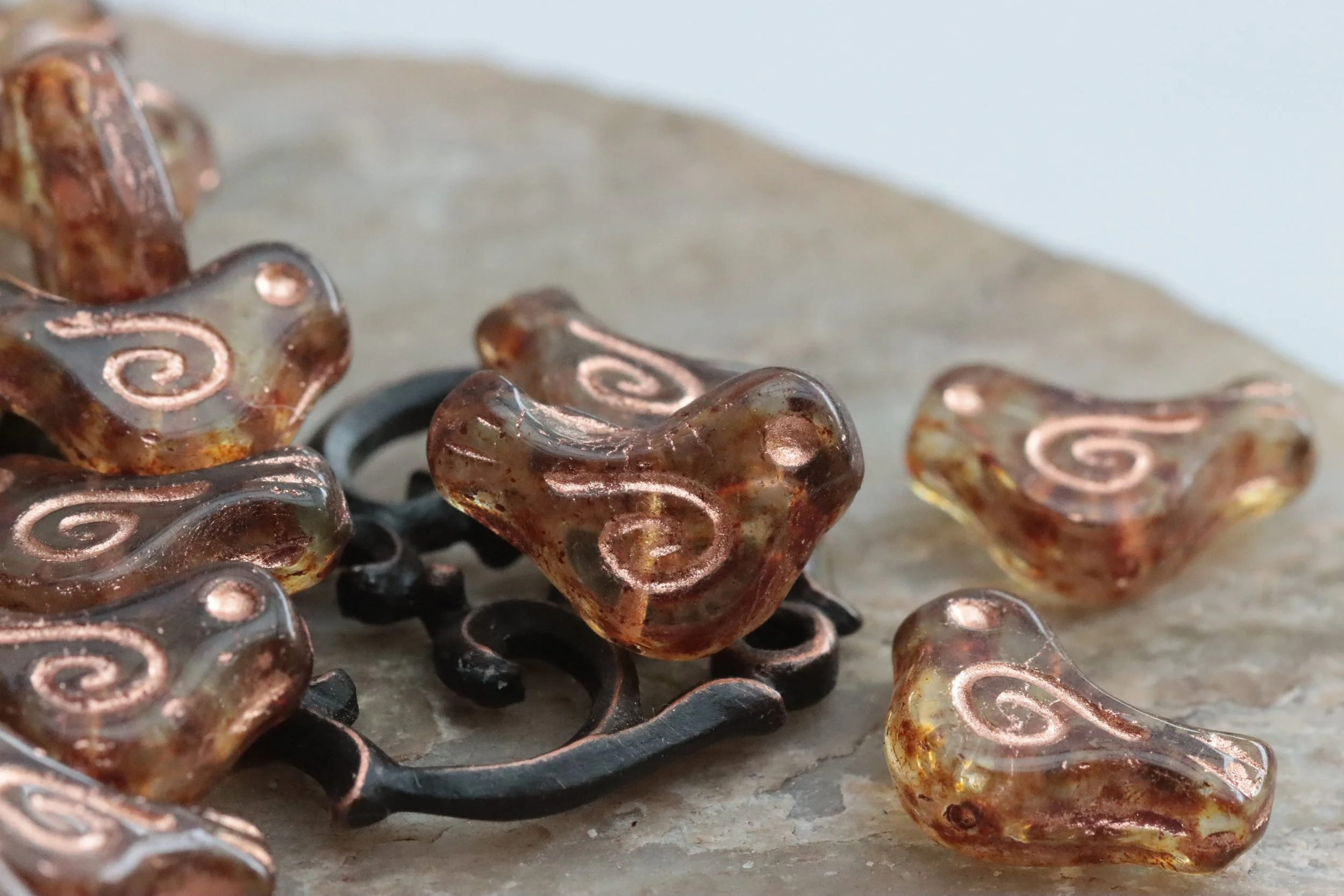 Aged Picasso with Copper Czech Glass Bird Beads 16x12mm