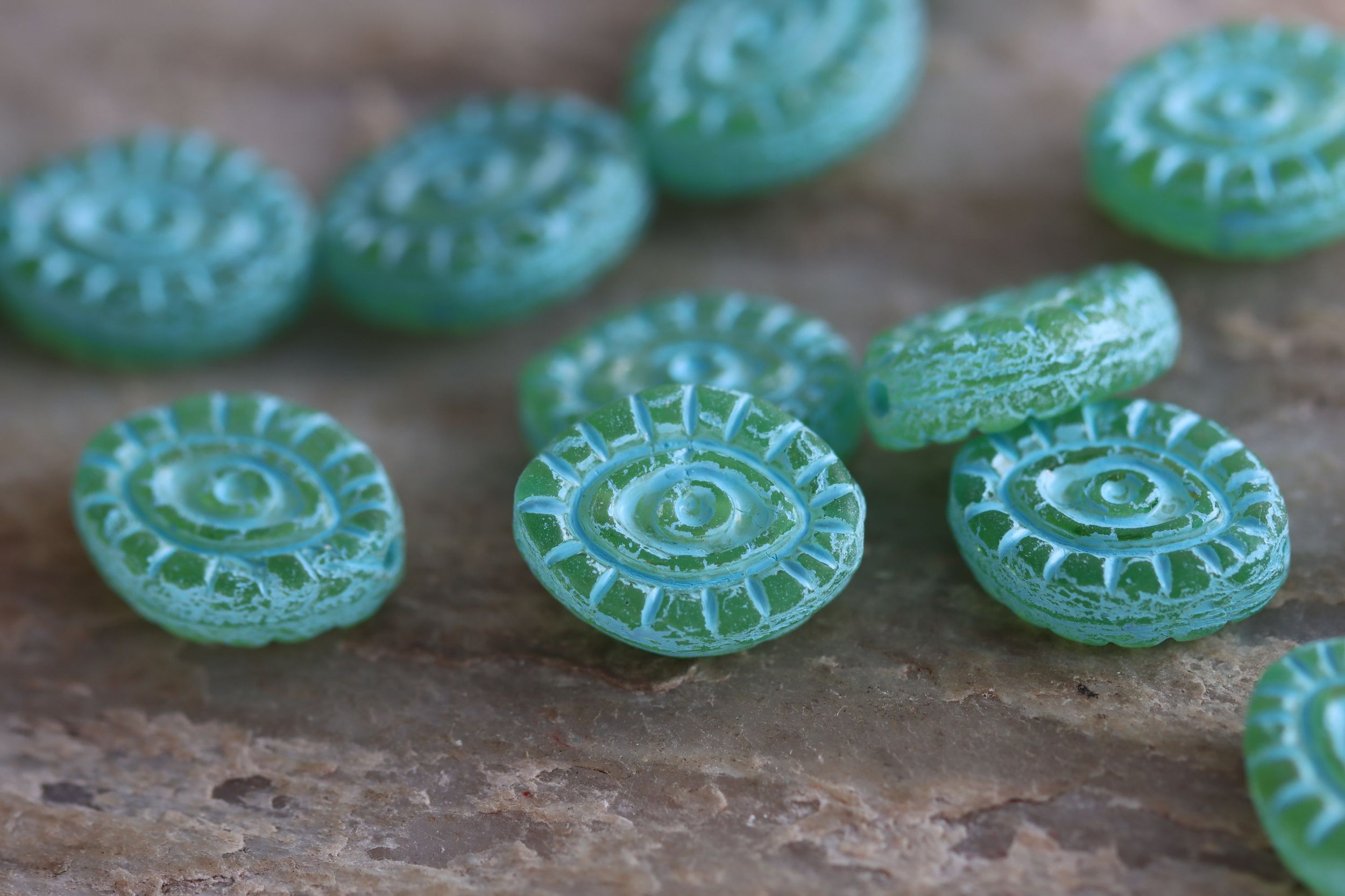 Matte Peridot with Turquoise Mystic Eye Czech Glass Beads 14x11mm