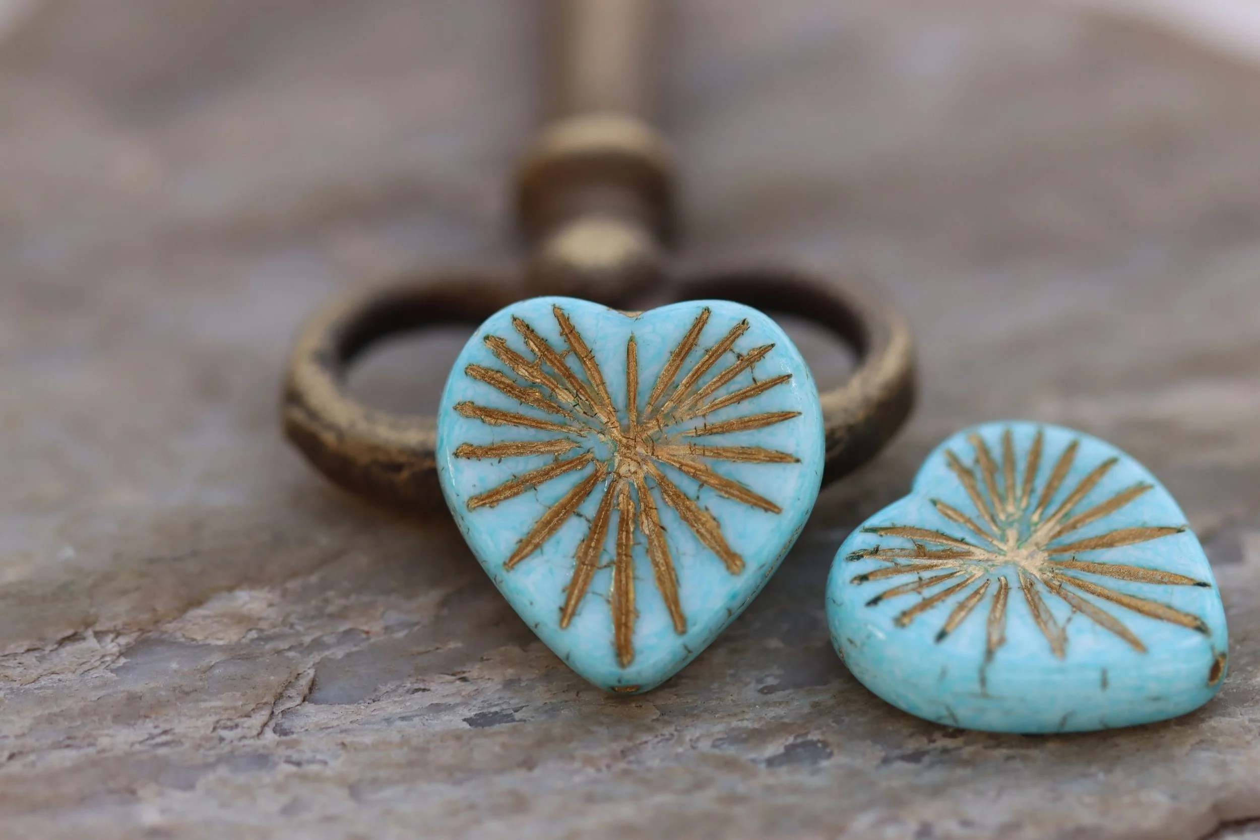 Baby Blue with Gold Wash Starburst Heart Czech Glass Beads 18mm