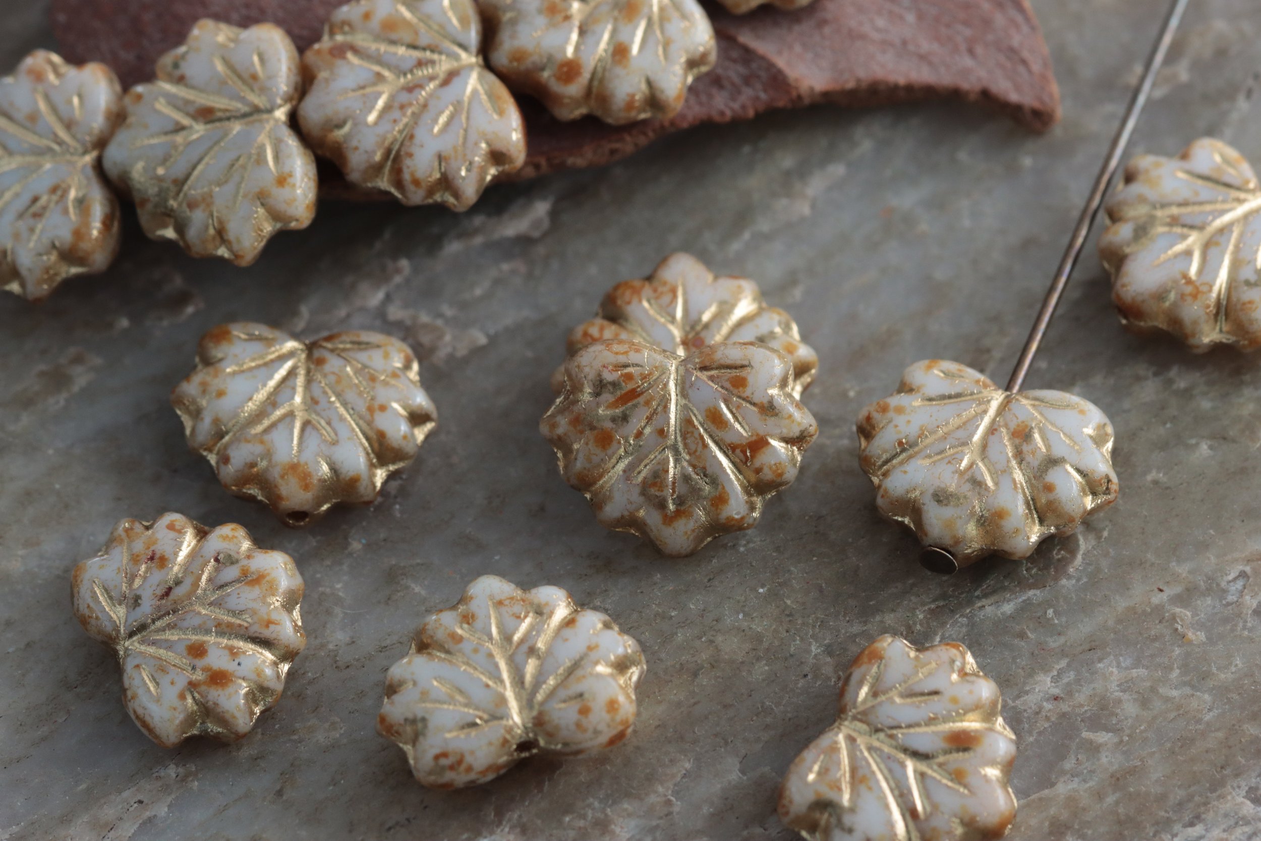Ivory Picasso with Gold Wash Maple Leaf Czech Glass Beads 13x11mm