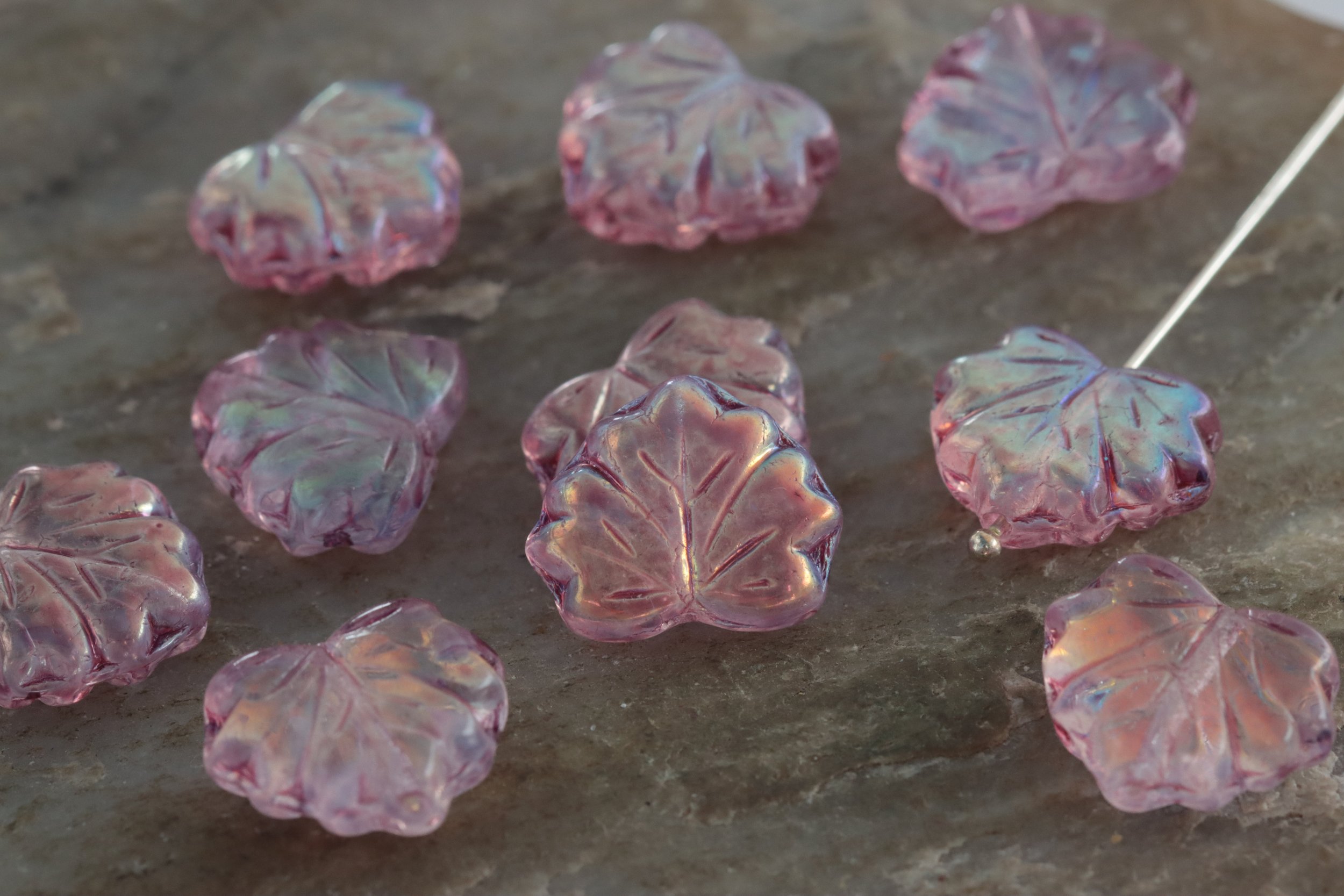 Transparent Light Pink AB Maple Leaf Czech Glass Beads 13x11mm