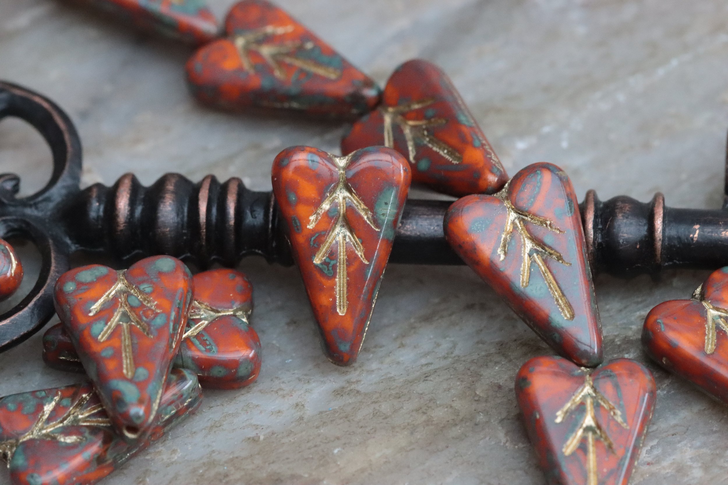 Brick Orange Picasso Czech Glass Heart Leaf Beads 16x11mm