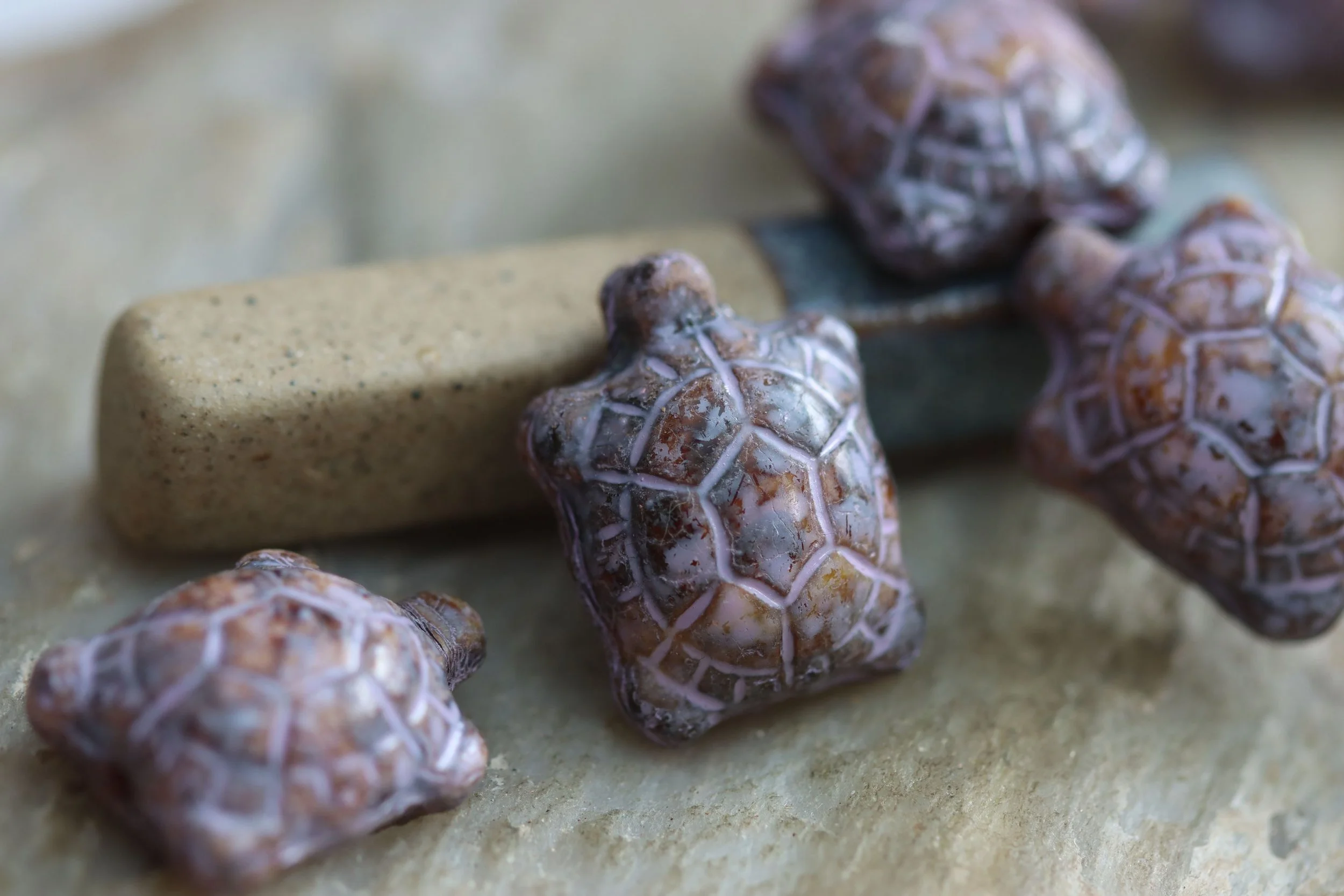 Lavender Marble Czech Glass Turtle Beads 19x14mm