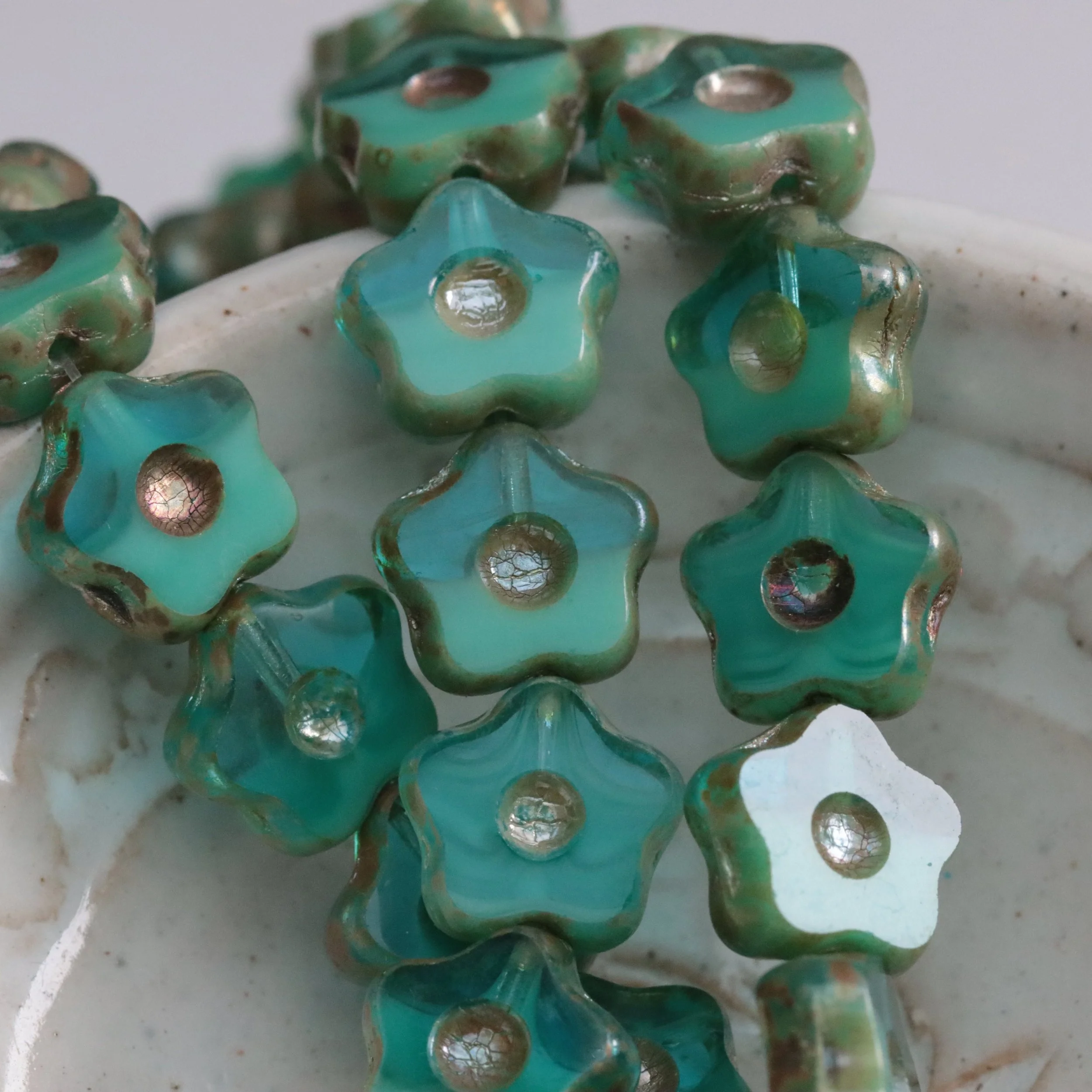 Green Turquoise & Ocean Blue Blend Czech Glass Star Flower Beads 11mm
