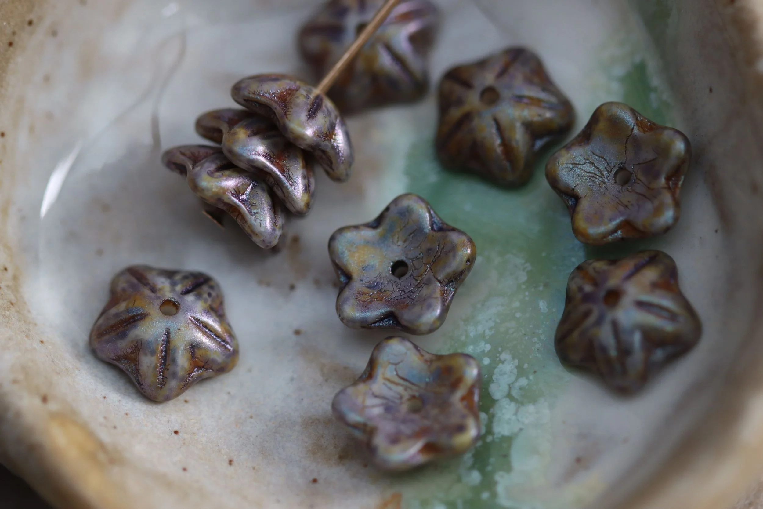 Blue Stone Marble Flower Cap Czech Glass Beads 10mm