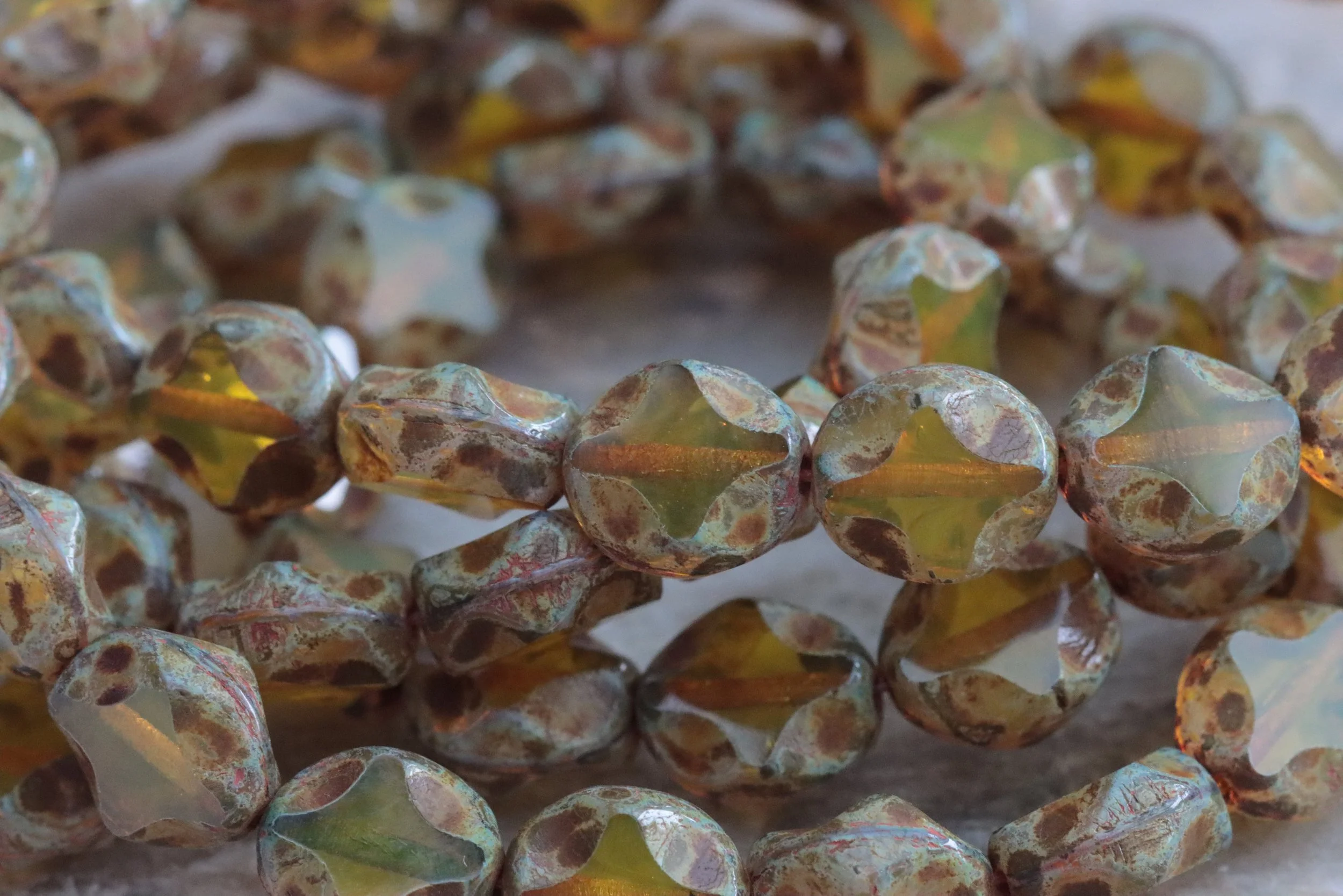 Yellow Picasso Diamond Wavy Oval Czech Glass Beads 9x8mm