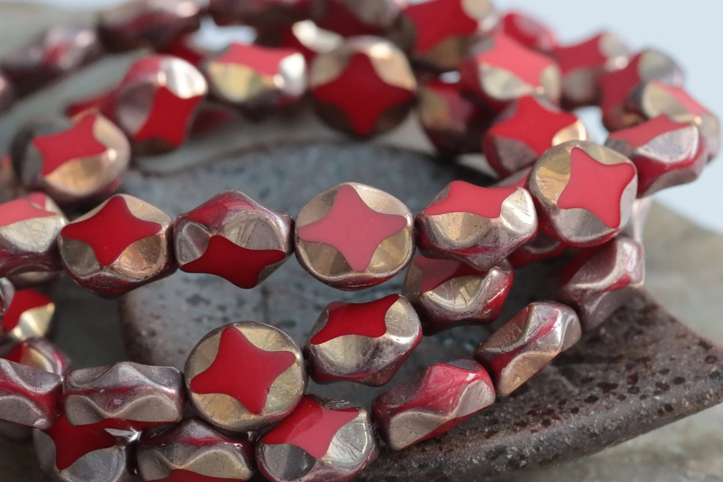 Opaque Red with Capri Gold Diamond Wavy Oval Czech Glass Beads 9x8mm
