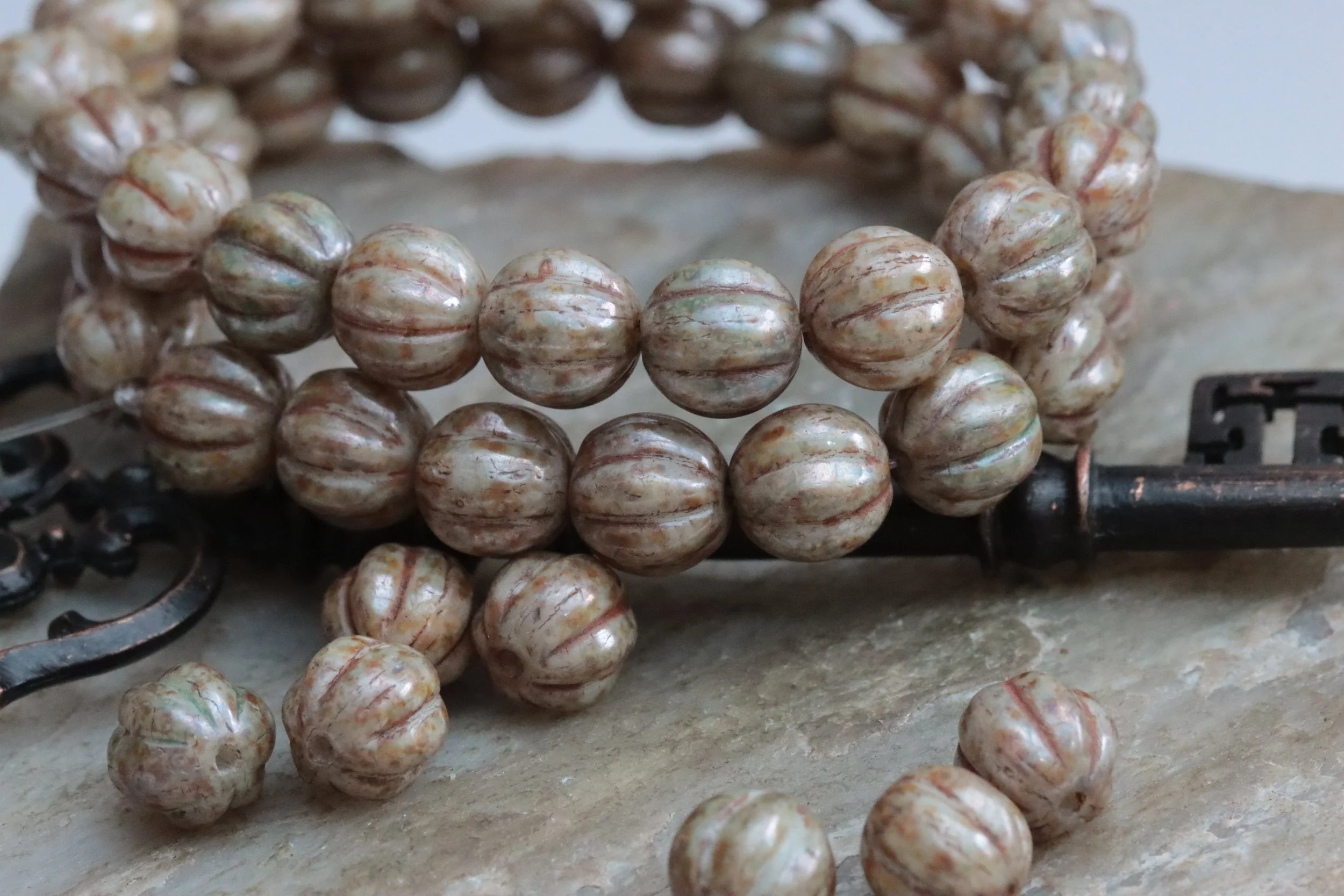 8mm Rustic Mottled Ivory Picasso Czech Glass Melon Beads