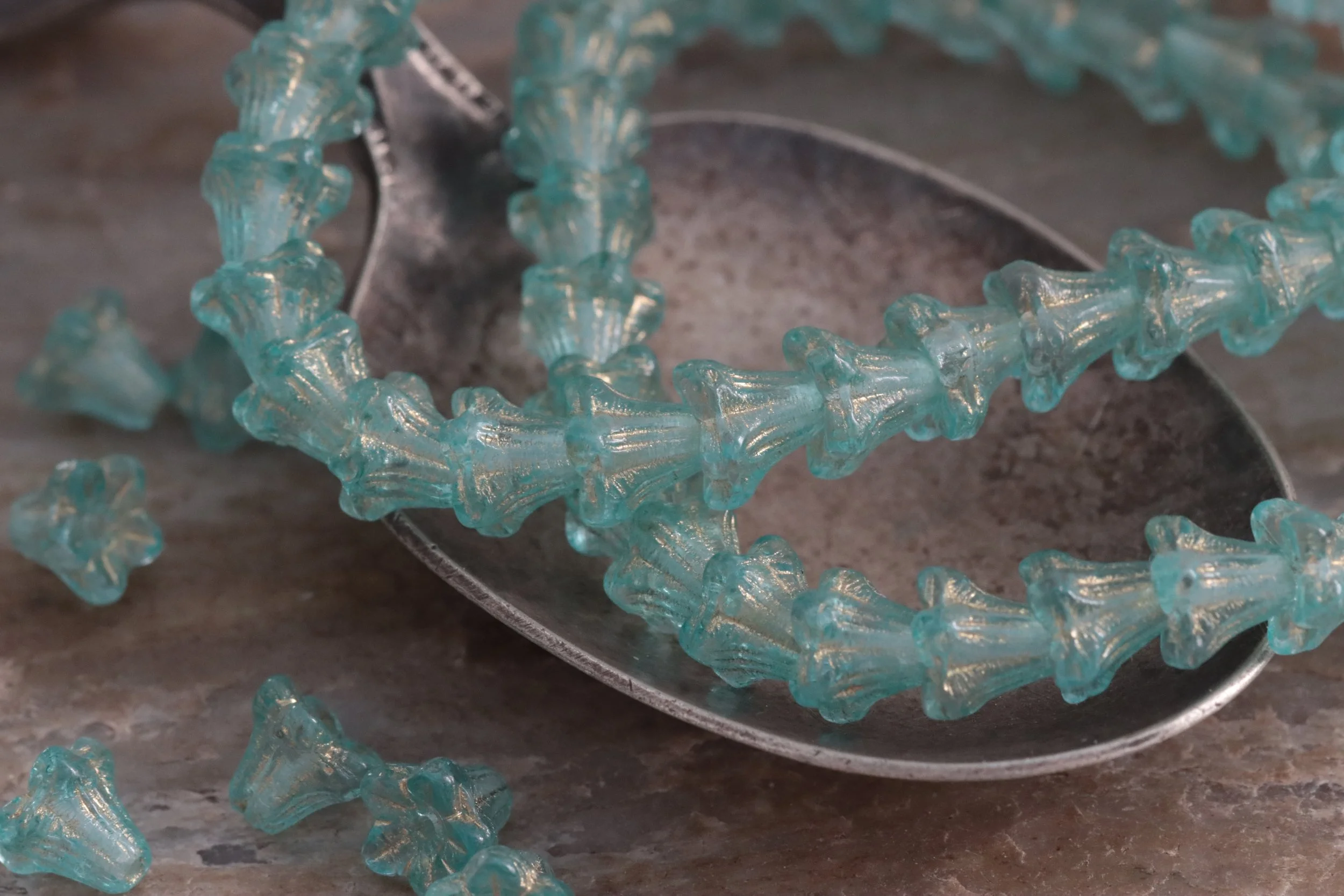 Sky Blue with Gold Wash Czech Glass Bell Flower Beads 5x6mm