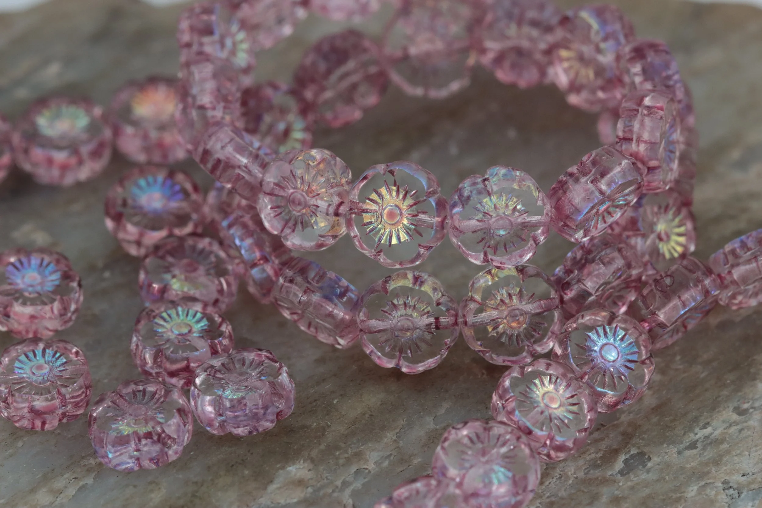 Transparent Light Pink AB Czech Glass Hawaiian Flower Beads 9mm