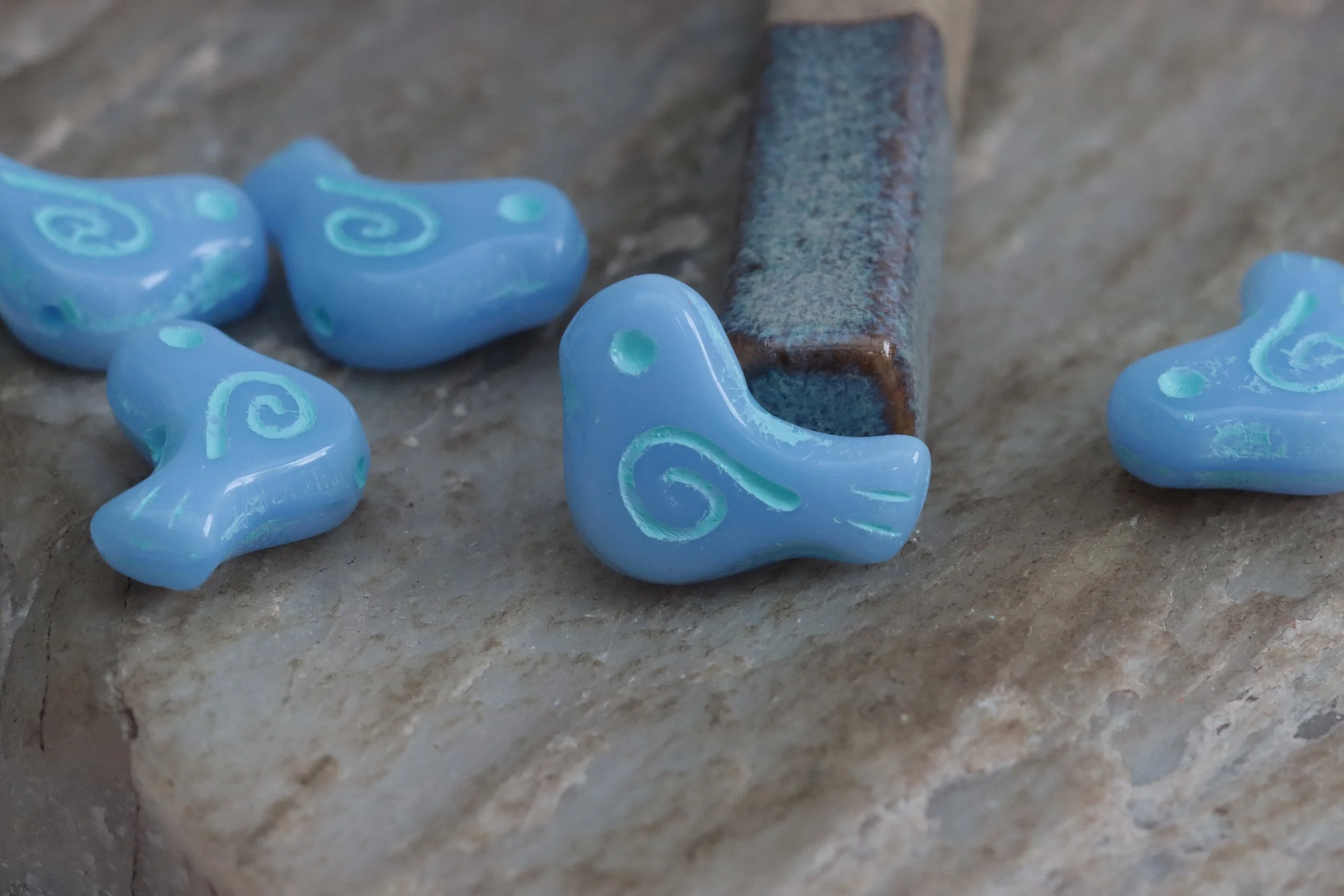 Pastel Blue with Sky Blue Czech Glass Bird Beads 16x12mm