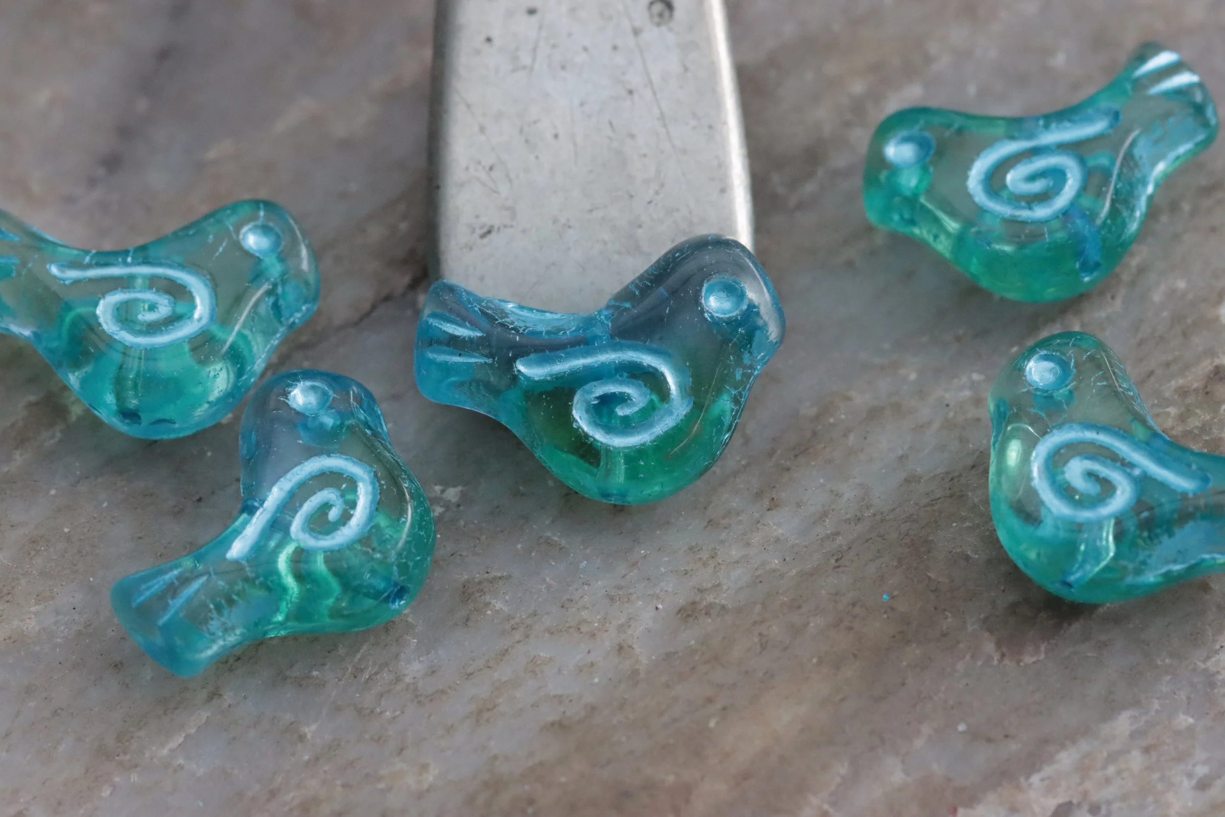 Blue with Metallic Sky Blue Czech Glass Bird Beads 16x12mm