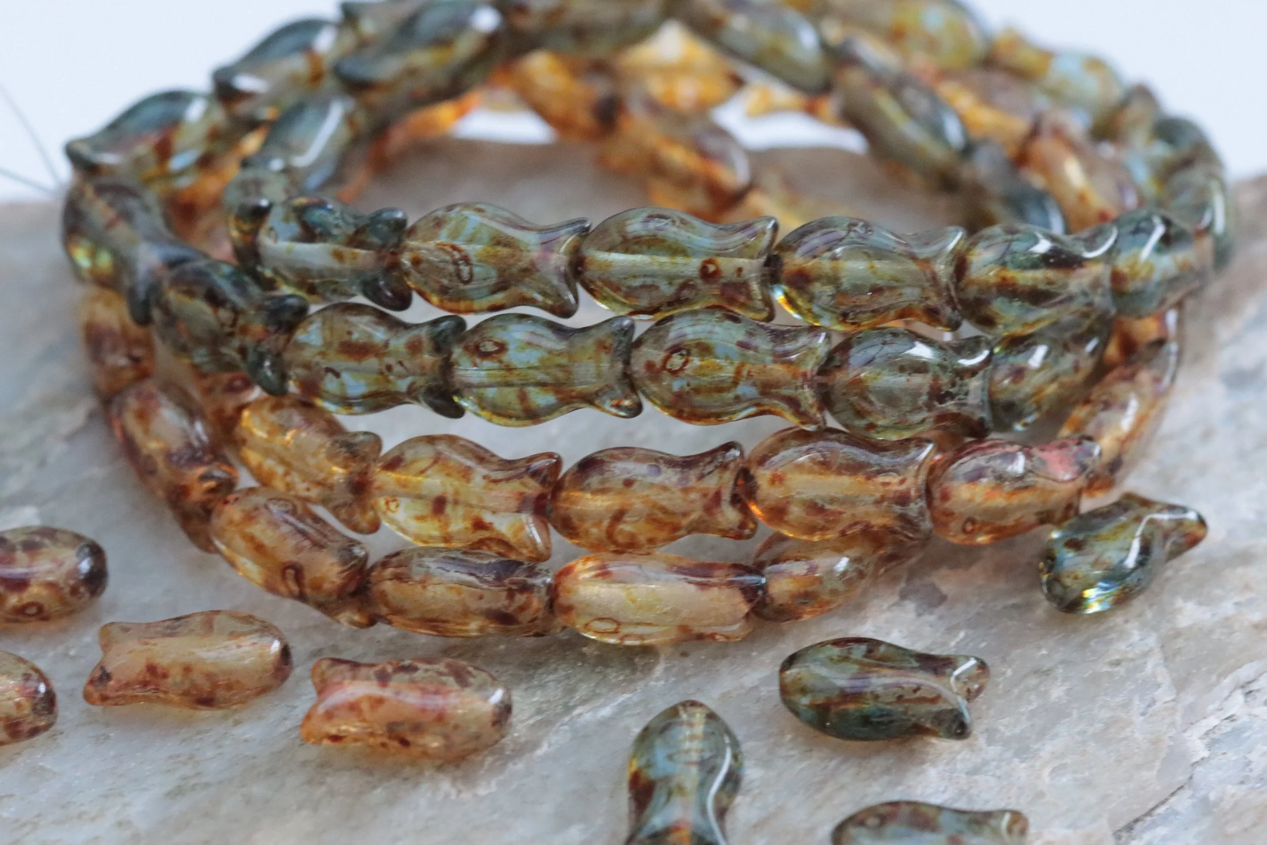 Czech Glass Tiny Fish Beads 10x6mm, Crystal Picasso/Montana Picasso, 30 Beads