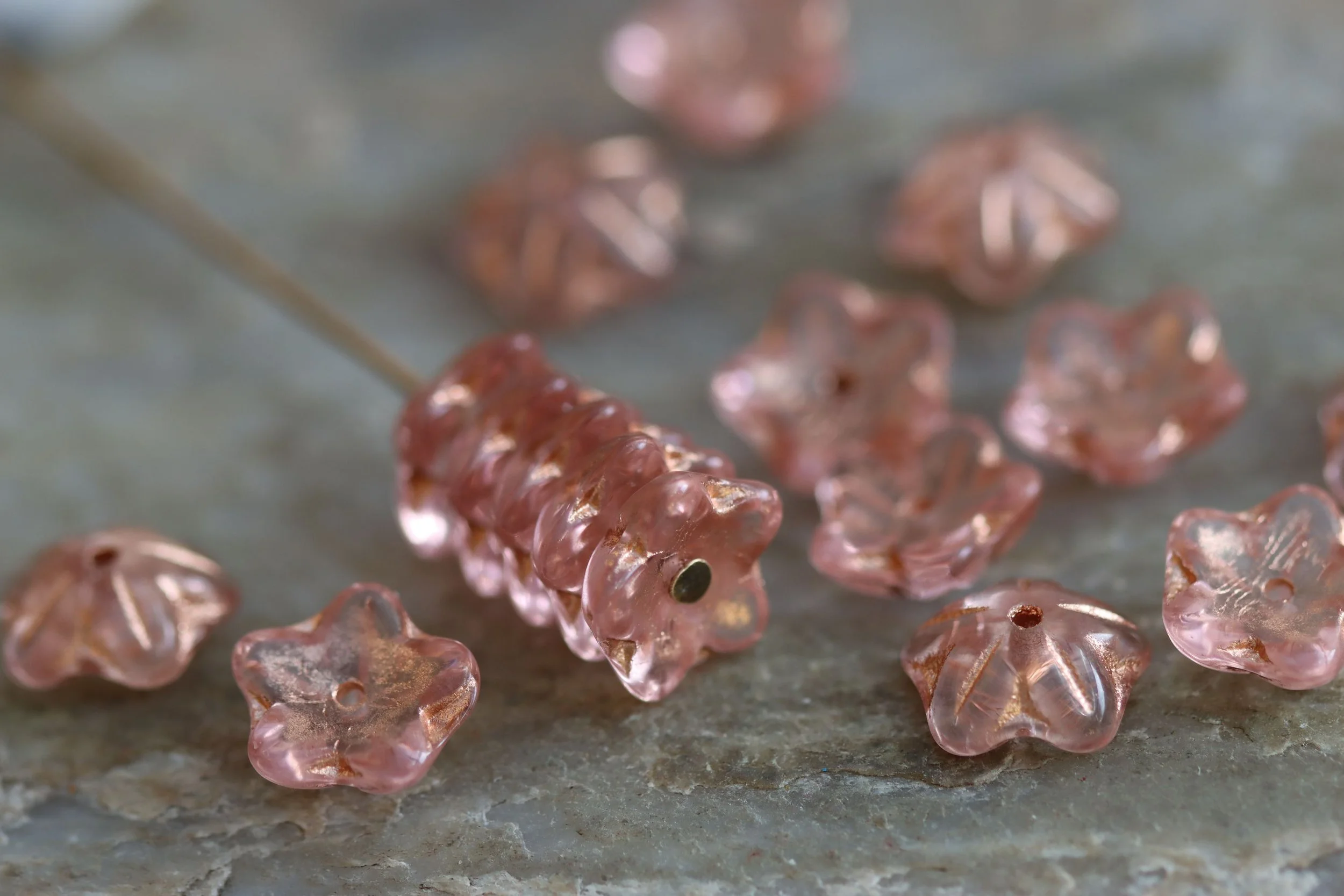Pale Peach Copper Wash Flower Cap Czech Glass Beads 10mm