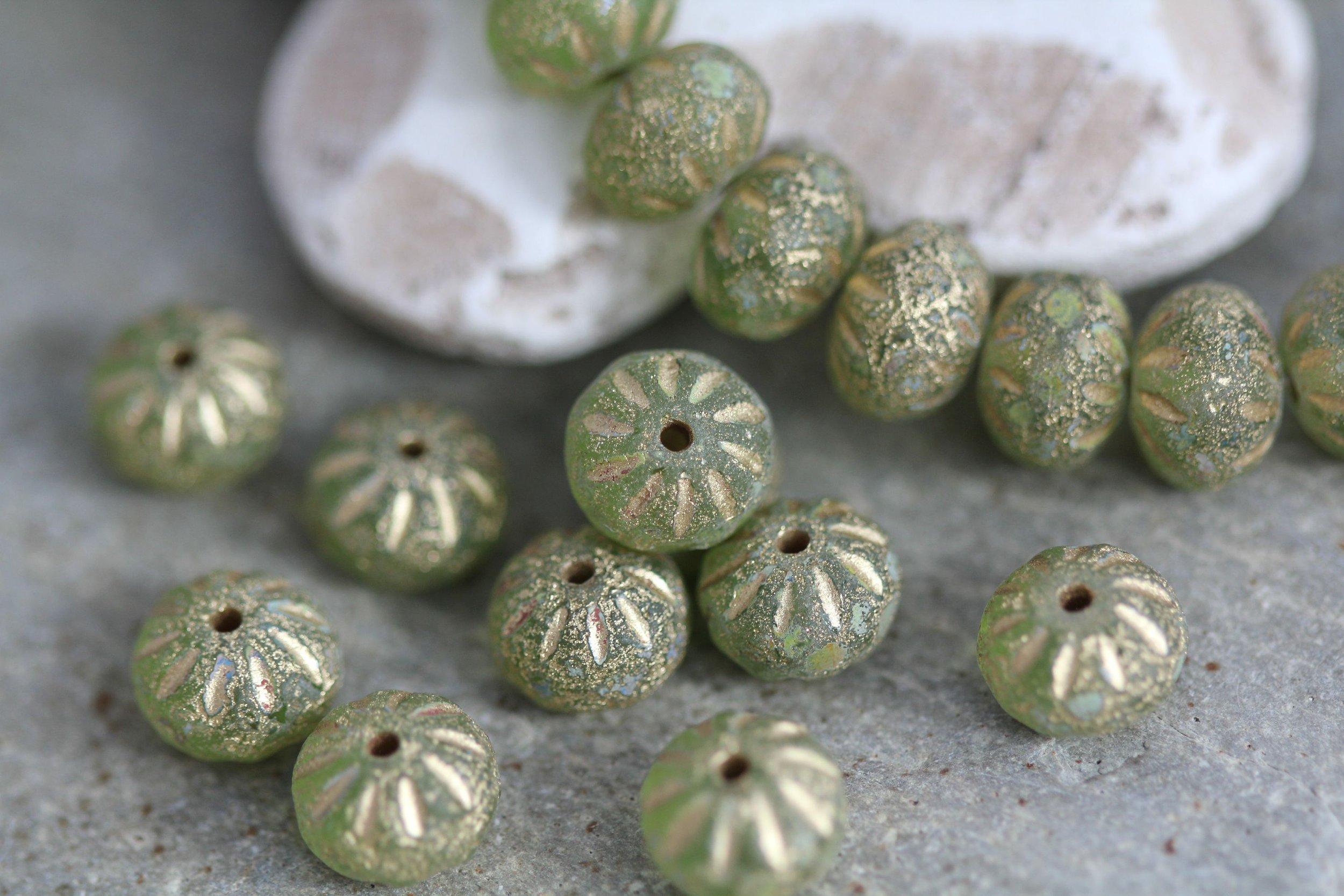 Etched Golden Peridot Cruller Czech Glass Beads 9x7mm