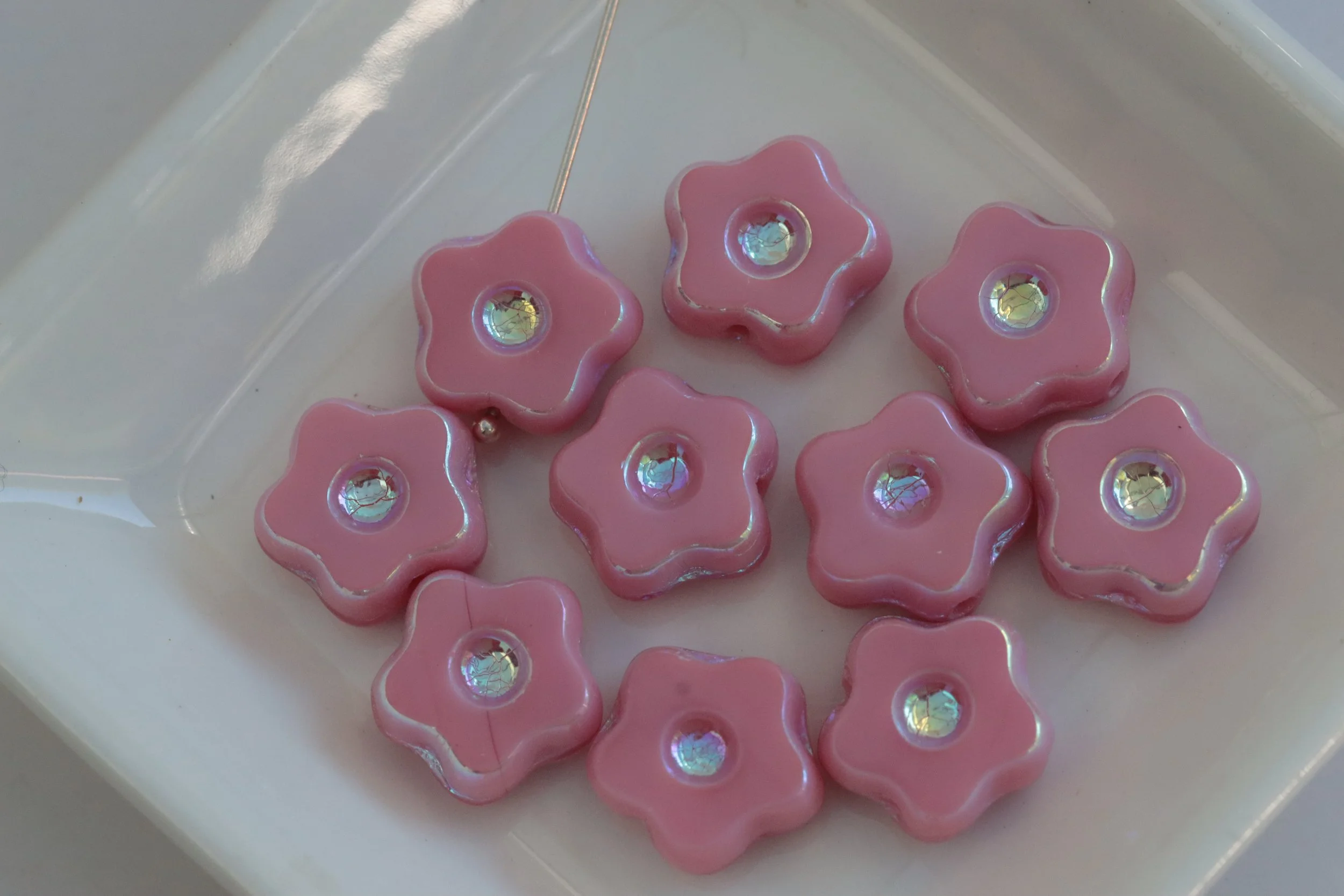 Pink AB Czech Glass Star Flower Beads 11mm
