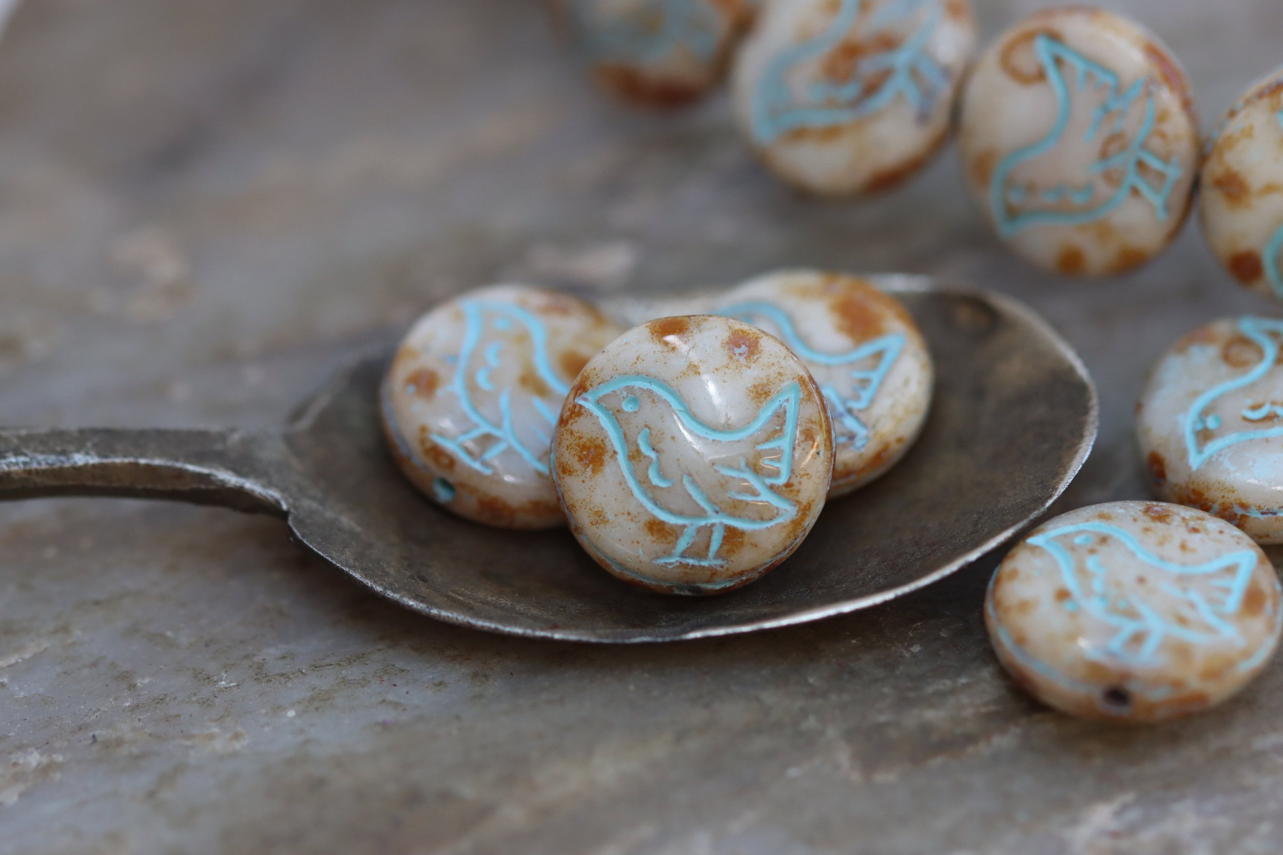 Beige Picasso Sky Blue Czech Glass Bird Coin Beads 11mm