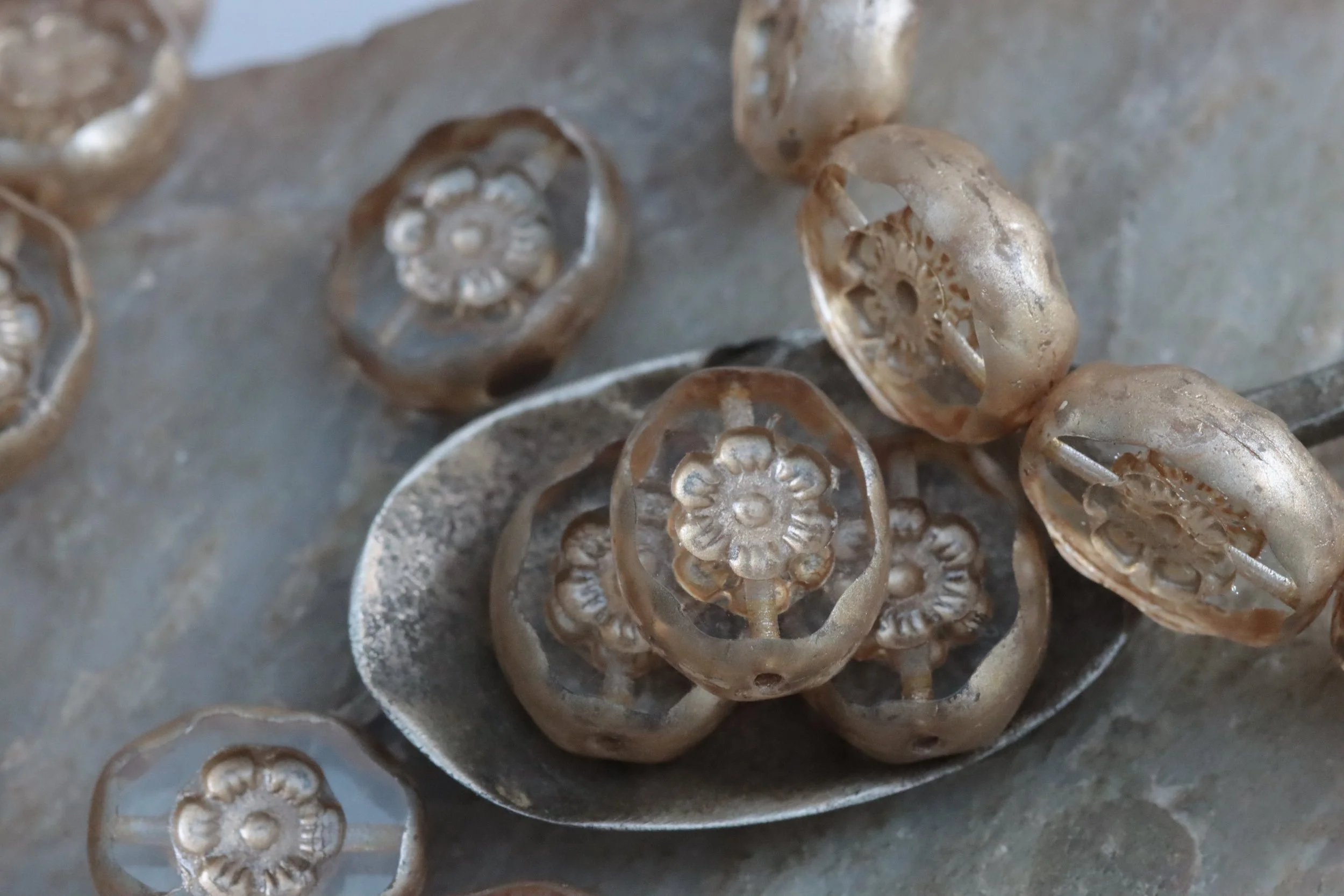 Transparent with Matte Gold Czech Glass Oval Flower Beads 14x11mm