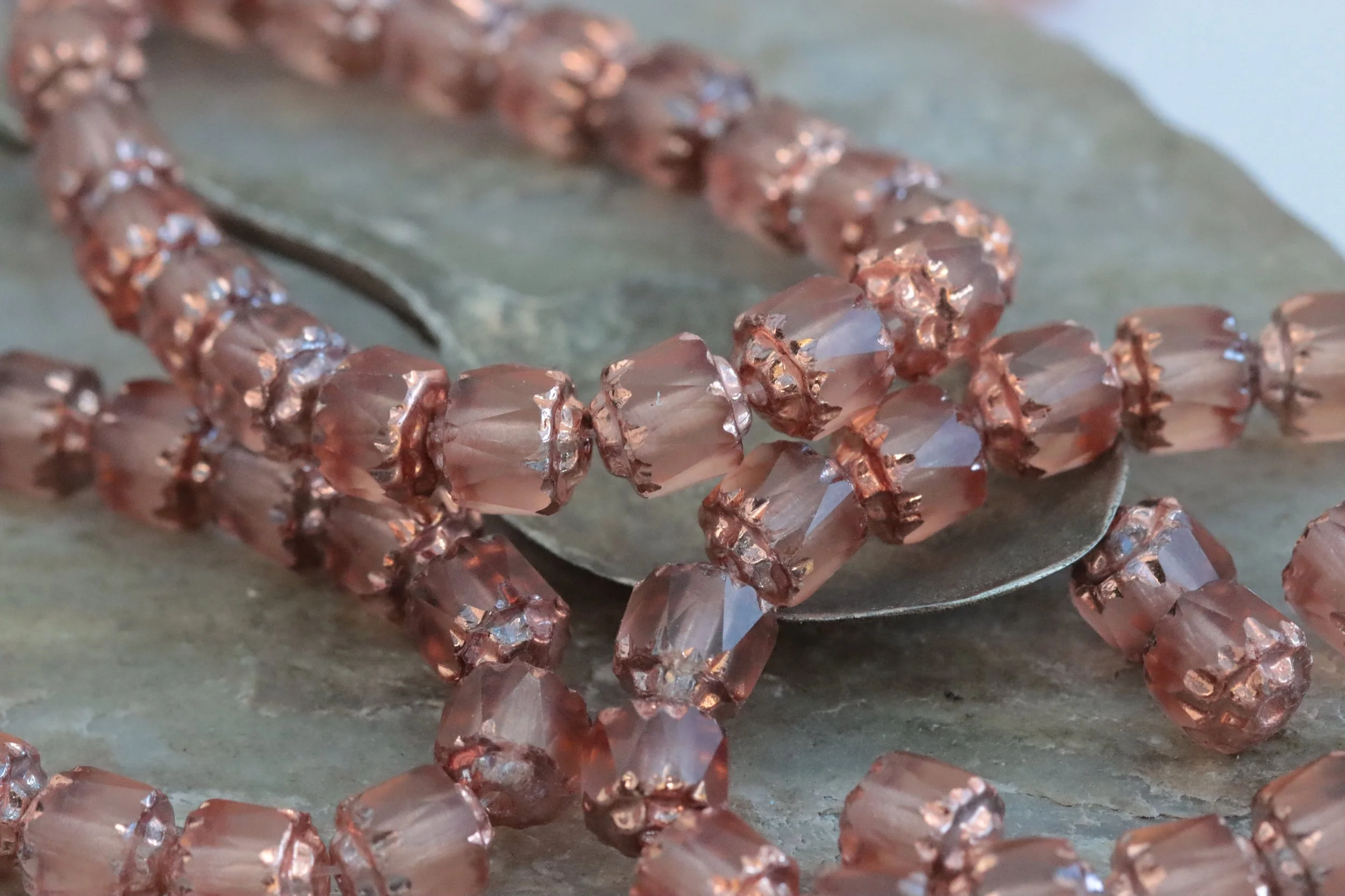 Satin Peach with Copper Cathedral Czech Glass Beads 6mm
