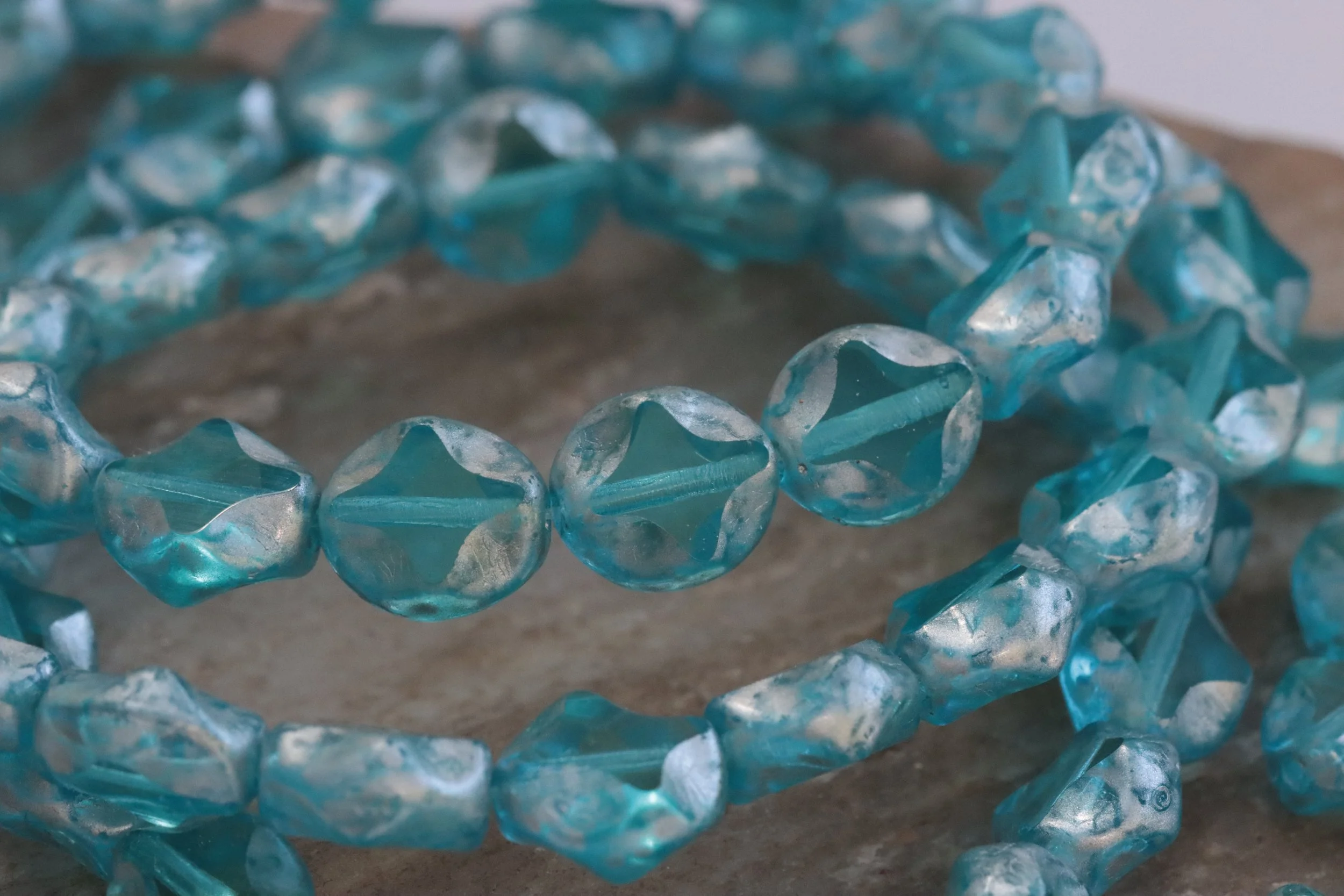 Sky Blue with Silver Finish Diamond Wavy Oval Czech Glass Beads 9x8mm