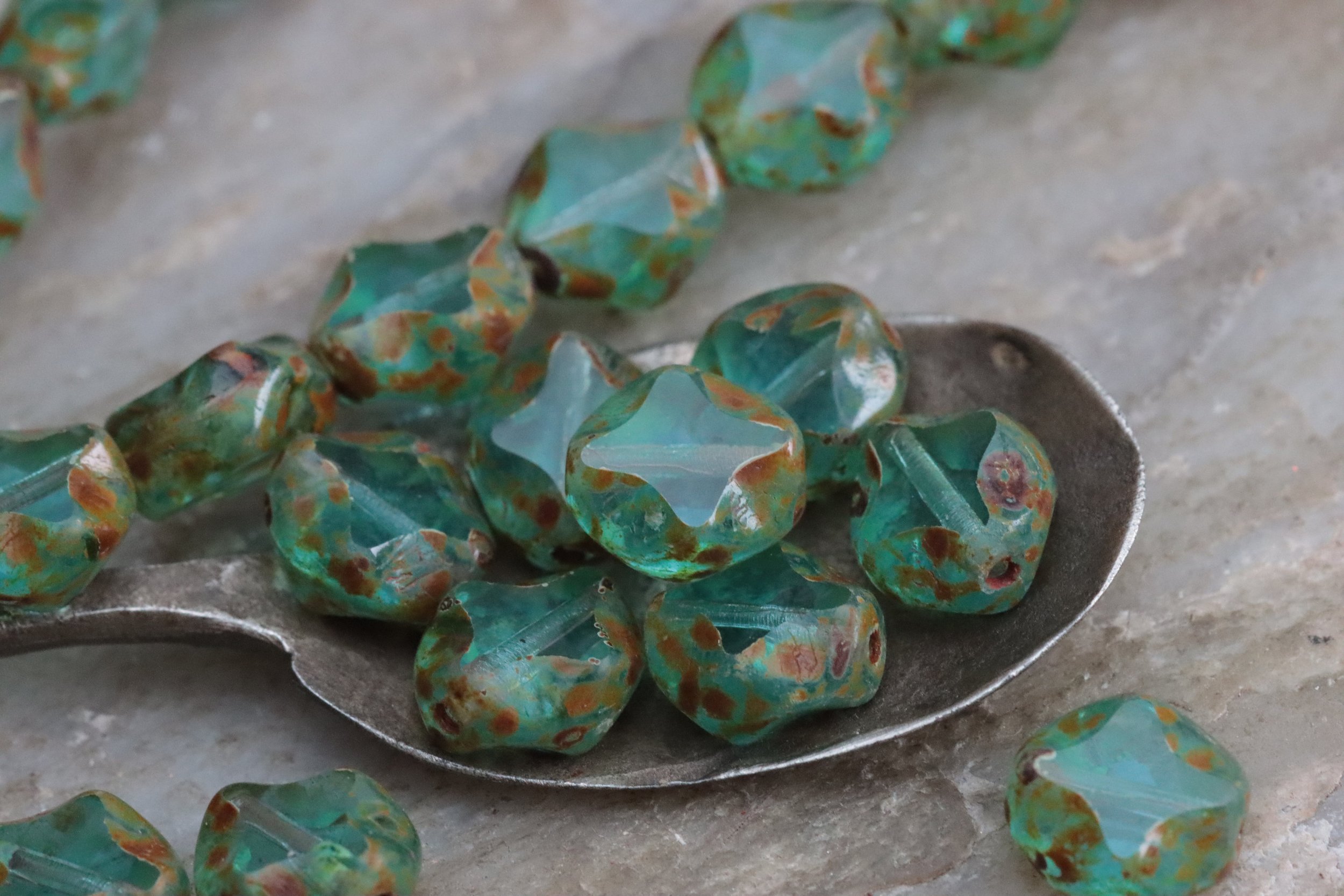 Sky Blue Picasso Diamond Wavy Oval Czech Glass Beads 9x8mm