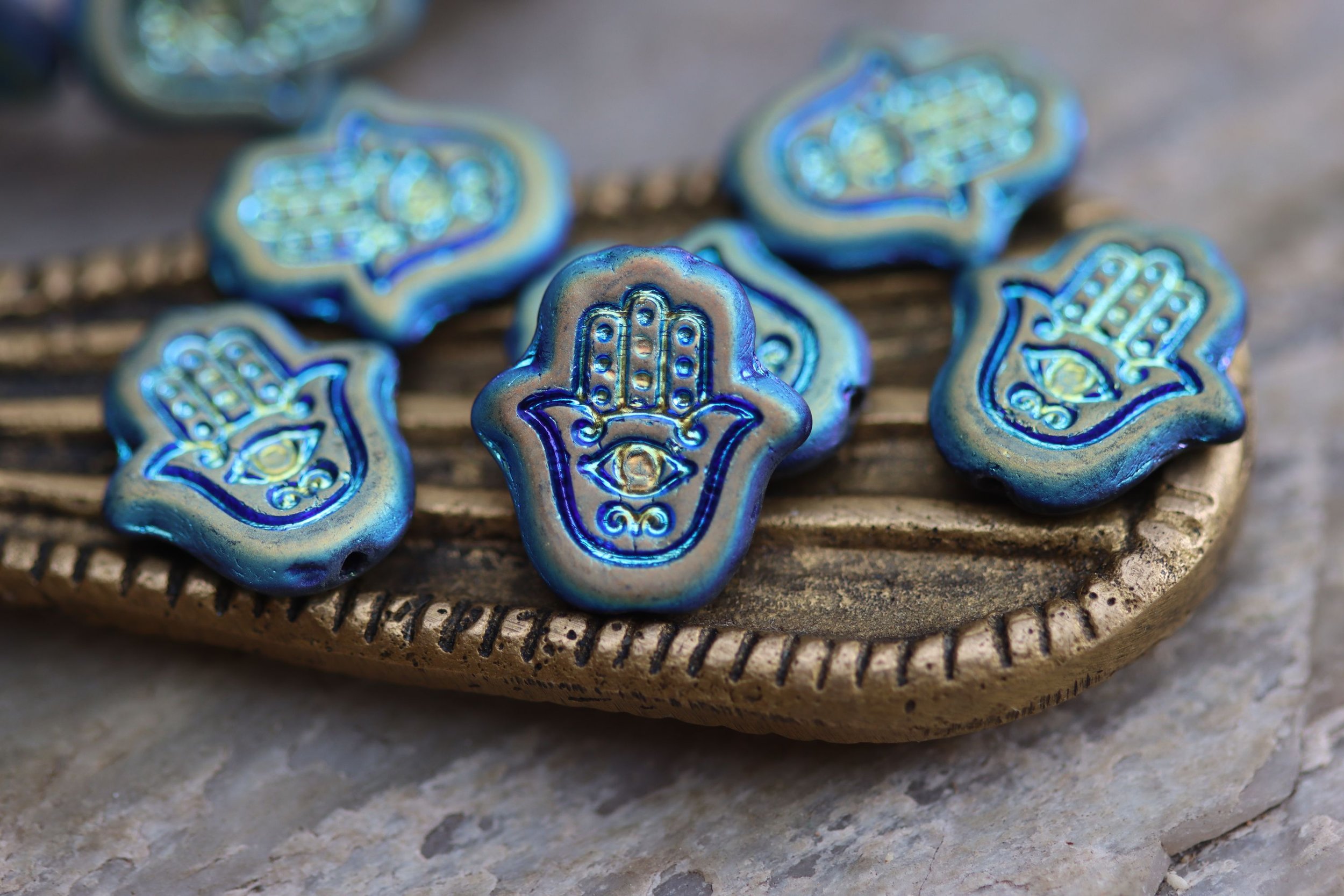 Matte Navy Blue Aurora Hamsa Hand Czech Glass Beads 15x14mm