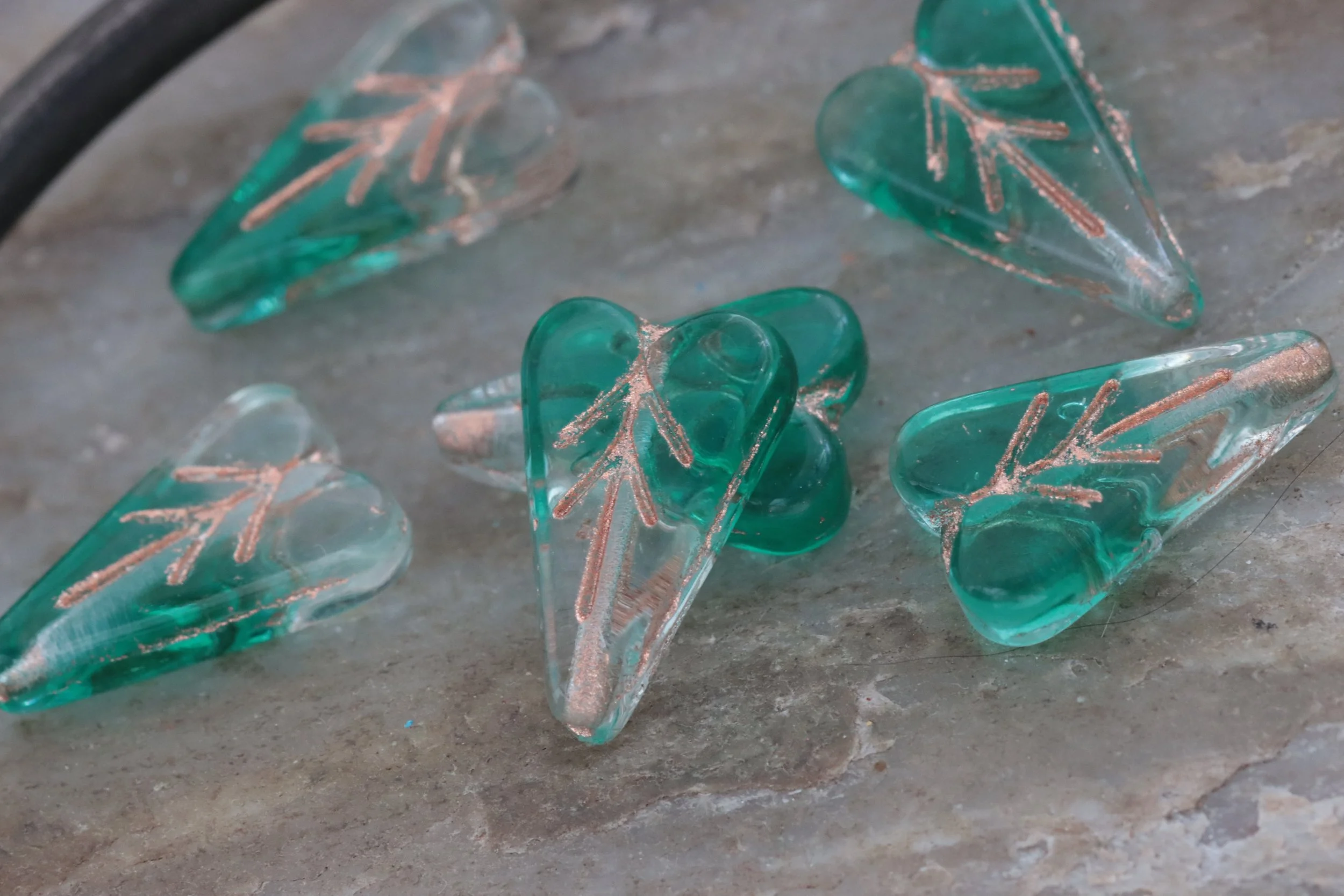 Transparent & Green Blend Czech Glass Heart Leaf Beads 16x11mm