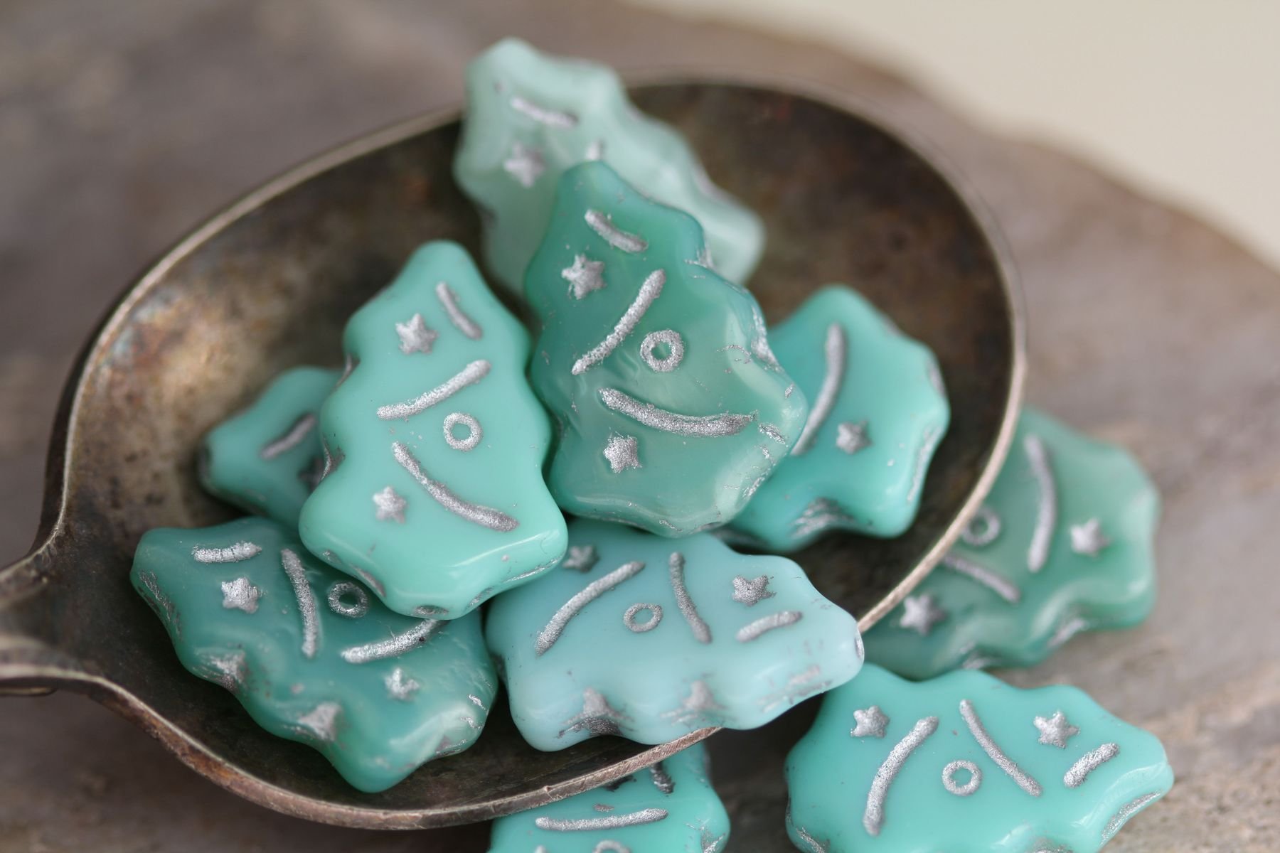 Pastel Mint Mix Christmas Tree Czech Glass Beads 17x12mm