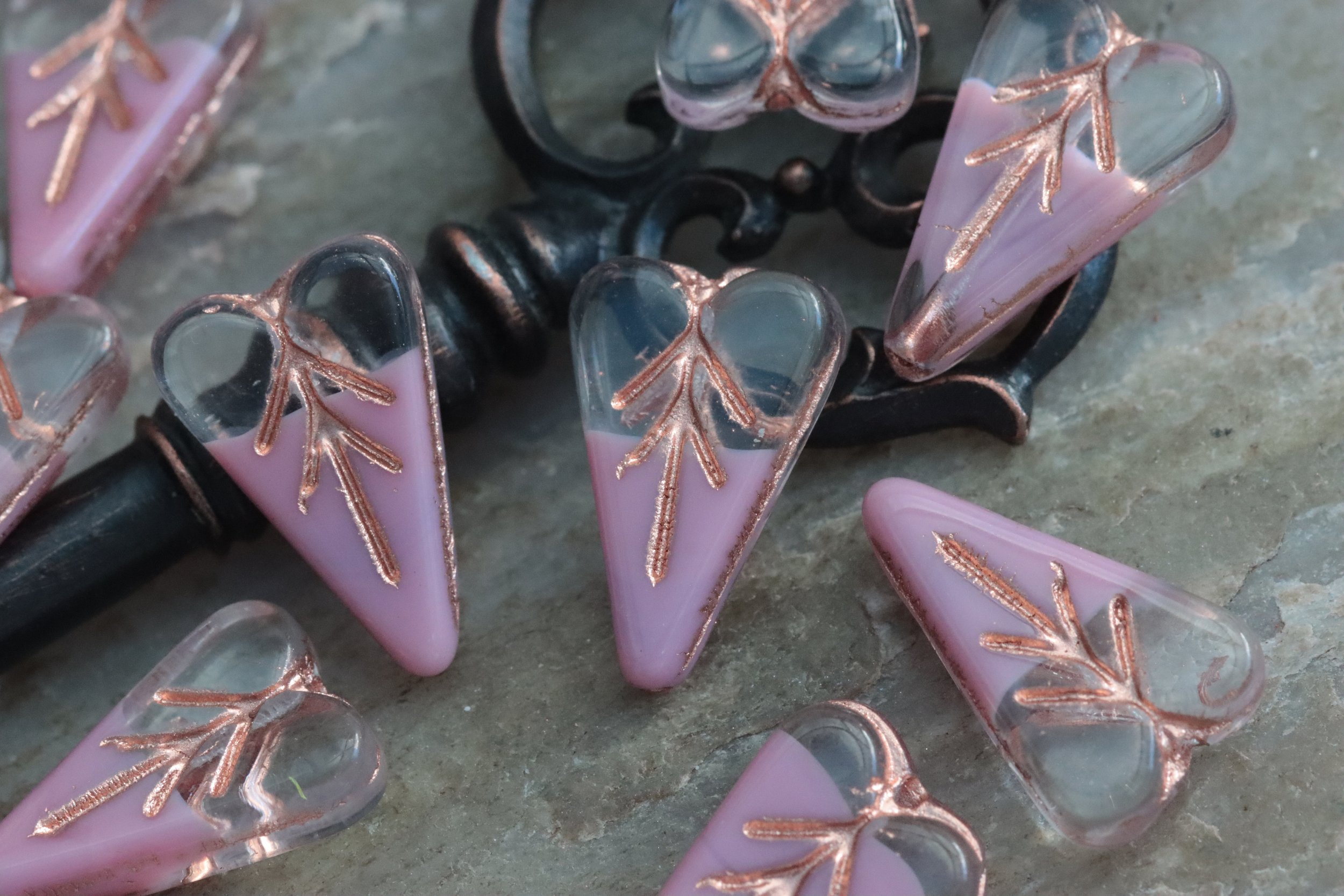 Transparent & Pink Blend Czech Glass Heart Leaf Beads 16x11mm