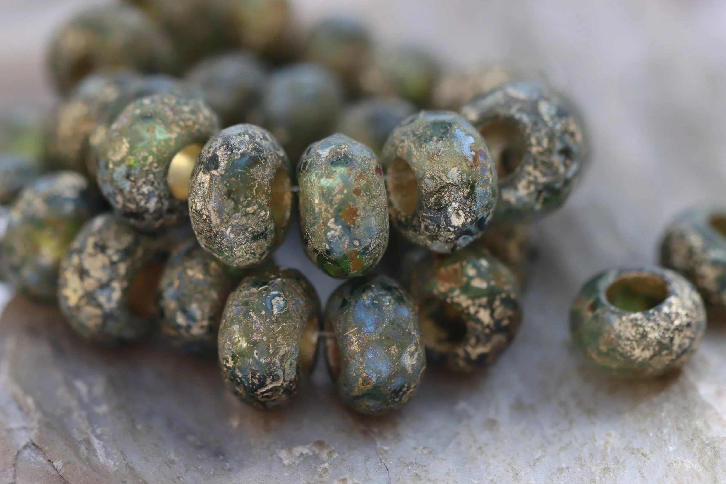 Etched Golden Peridot Czech Glass Roller Beads 12x8mm - Gold Lining, Large Hole