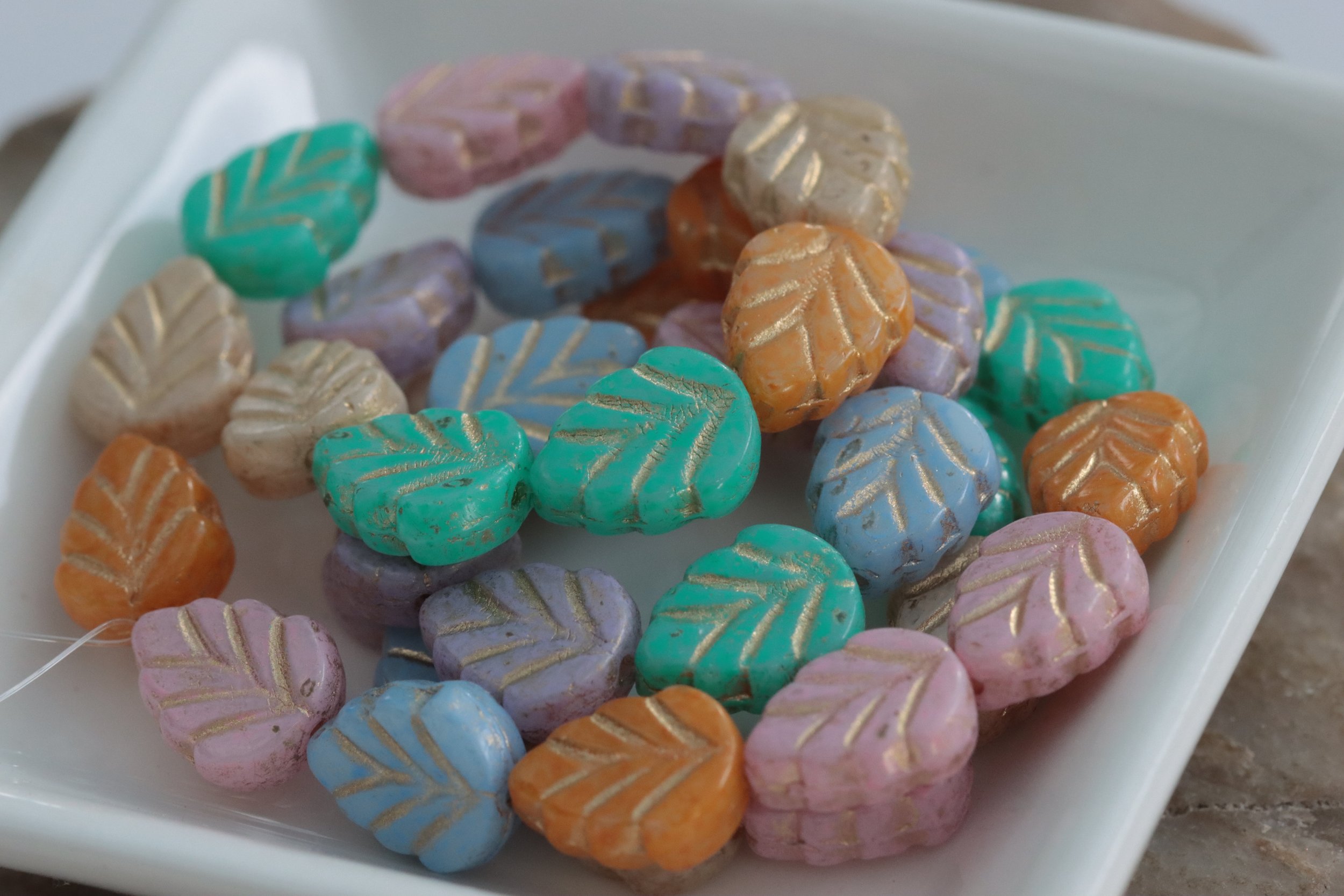 Czech Glass Leaf Beads: Pastel Mix, Gold Wash 10x8mm