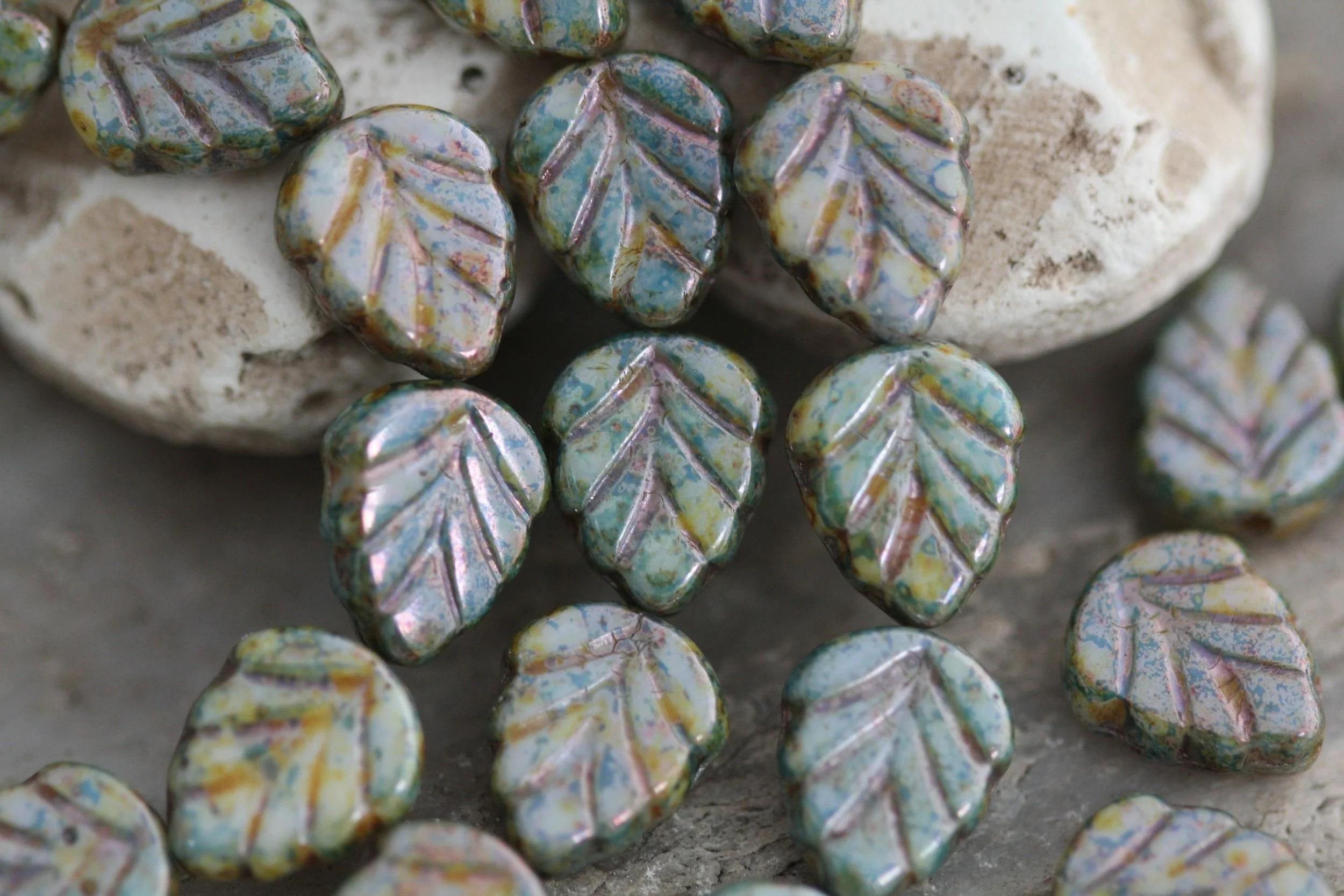 Green Marble Czech Glass Leaf Beads 10x8mm