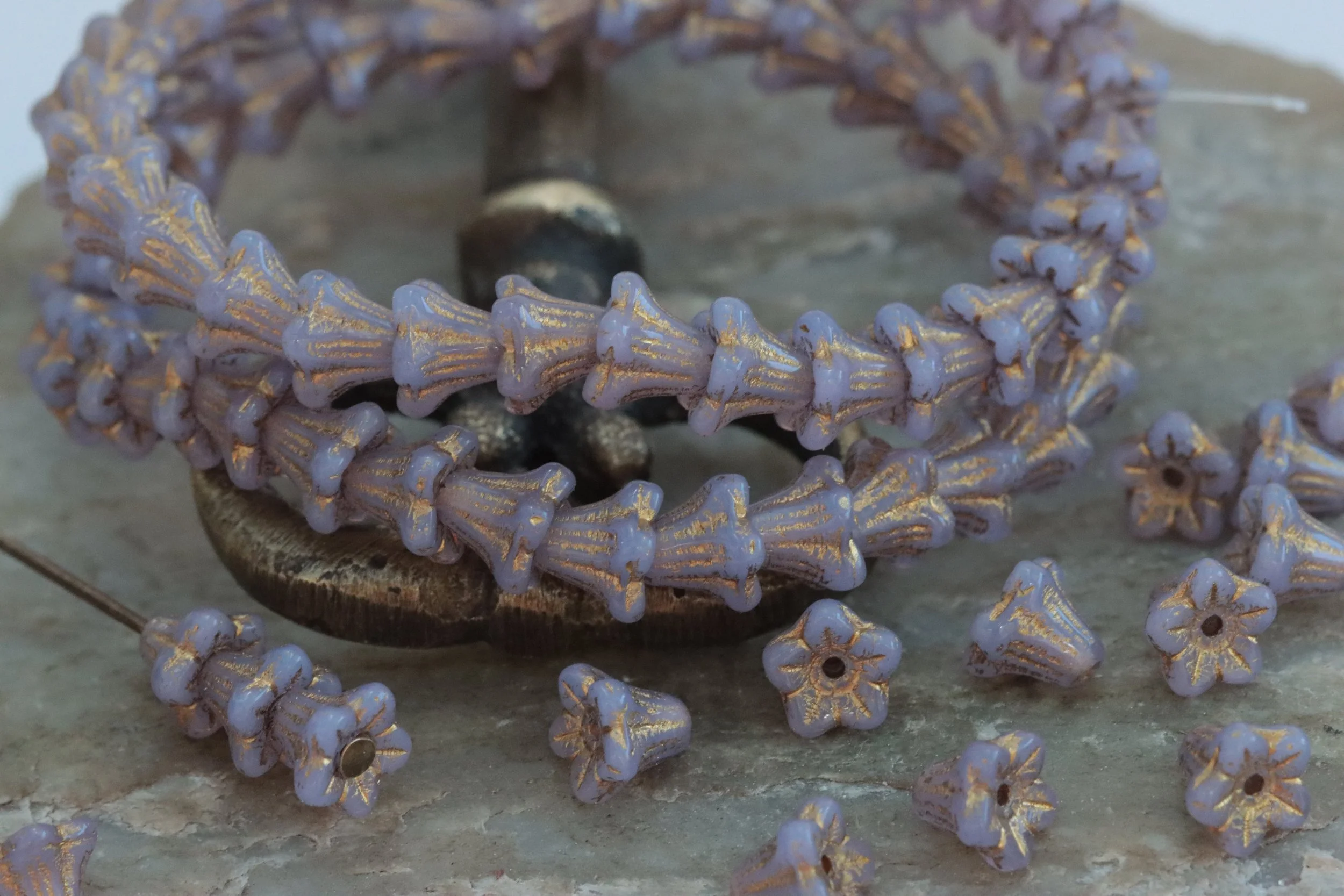 Thistle with Gold Czech Glass Bell Flower Beads 5x6mm