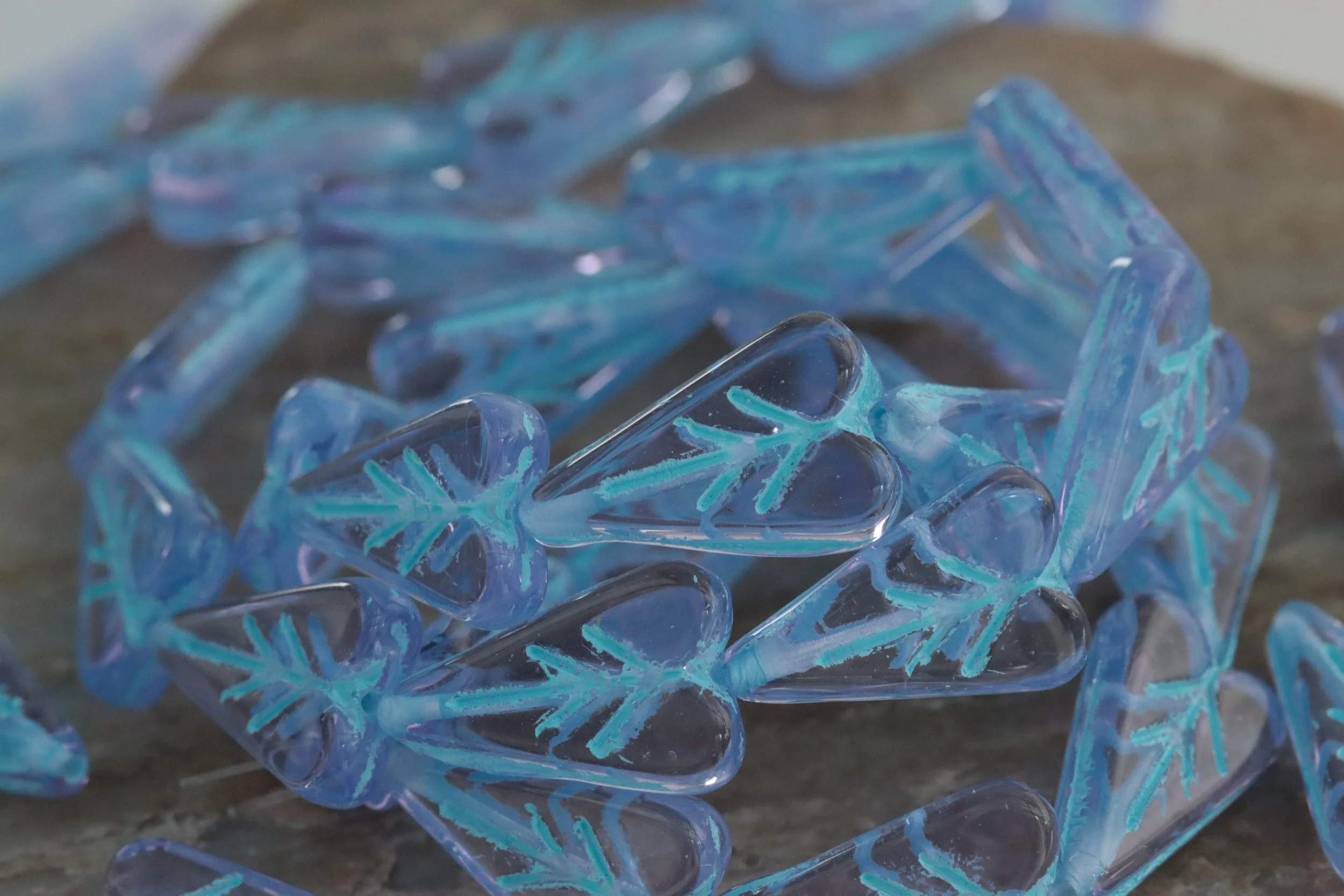 Pale Purple with Sky Blue Wash Czech Glass Heart Leaf Beads 16x11mm