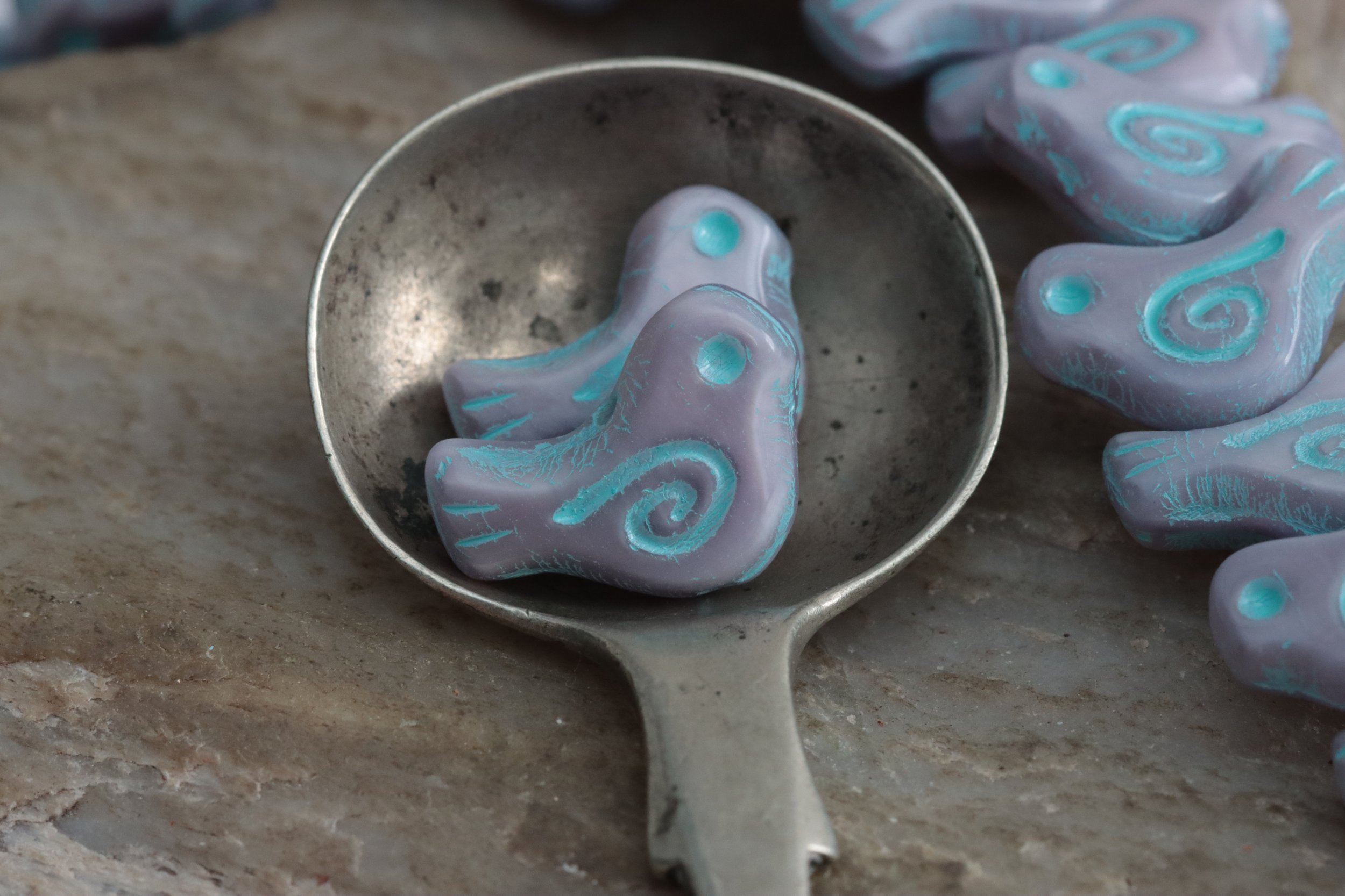 Violet Moonlight with Sky Blue Czech Glass Bird Beads 16x12mm