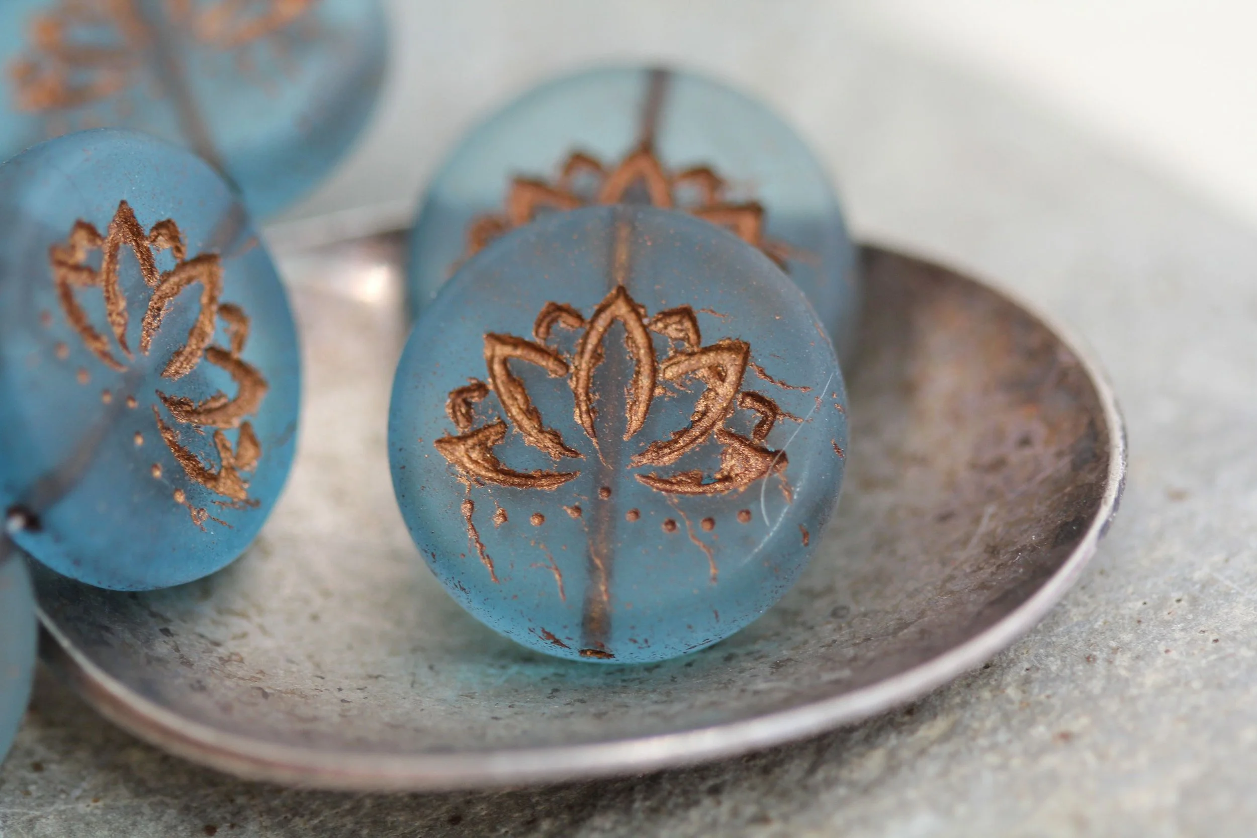 Matte Montana Blue Czech Glass Lotus Coin Beads 18mm