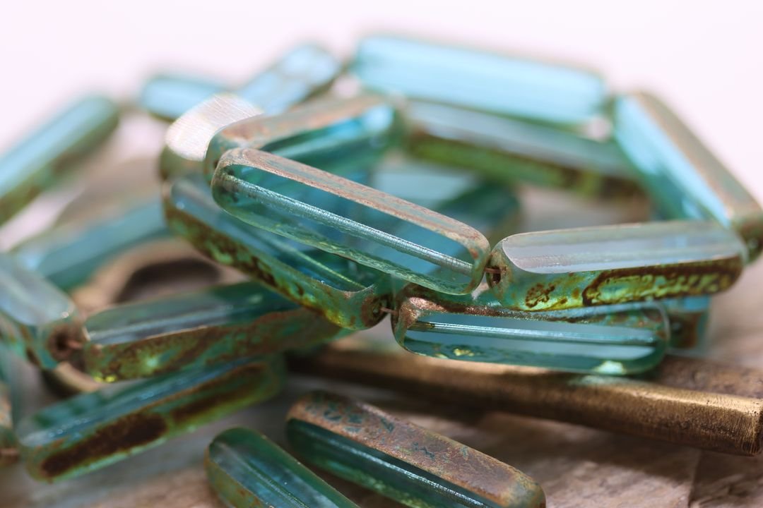 Rustic Etched Sky Blue Rectangle Stick Czech Glass Beads 30mm