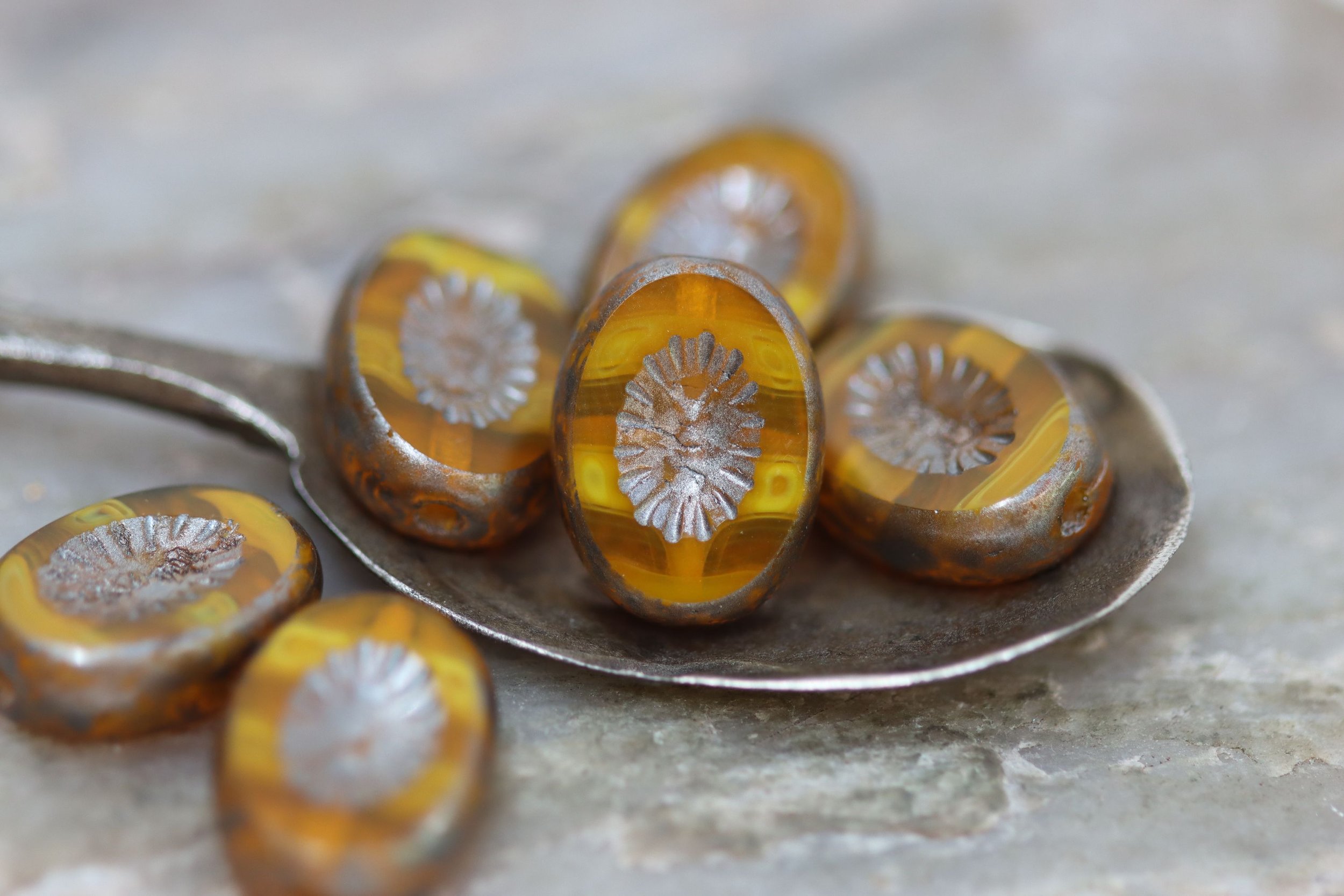Yellow Swirl Czech Glass Kiwi Beads 14x11mm