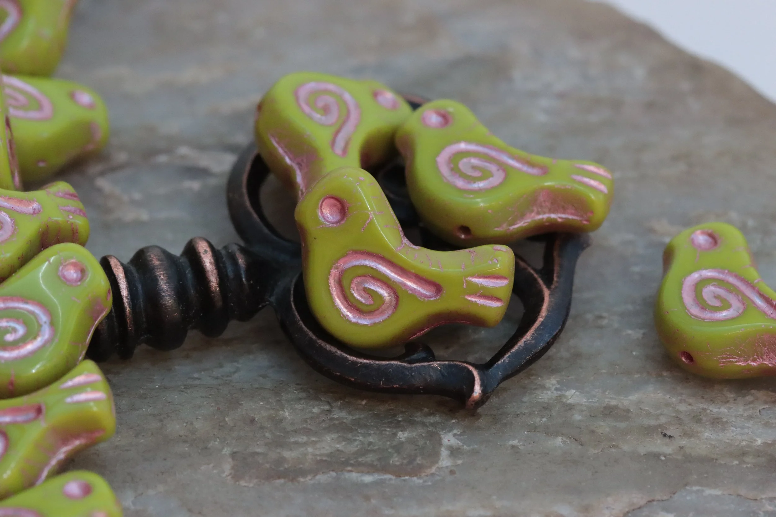Lime Yellow Green with Pink Czech Glass Bird Beads 16x12mm