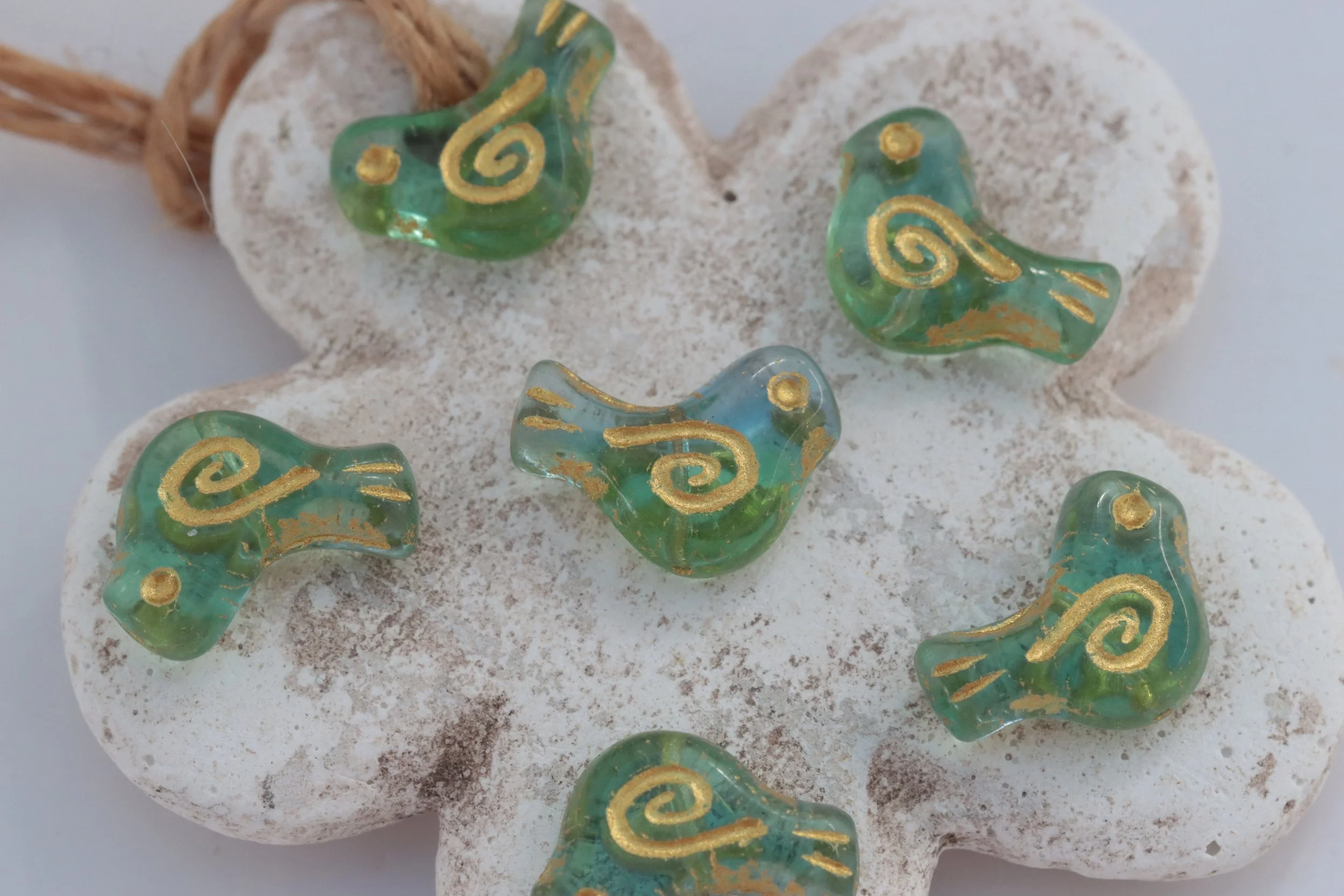 Light Green with Gold Czech Glass Bird Beads 16x12mm