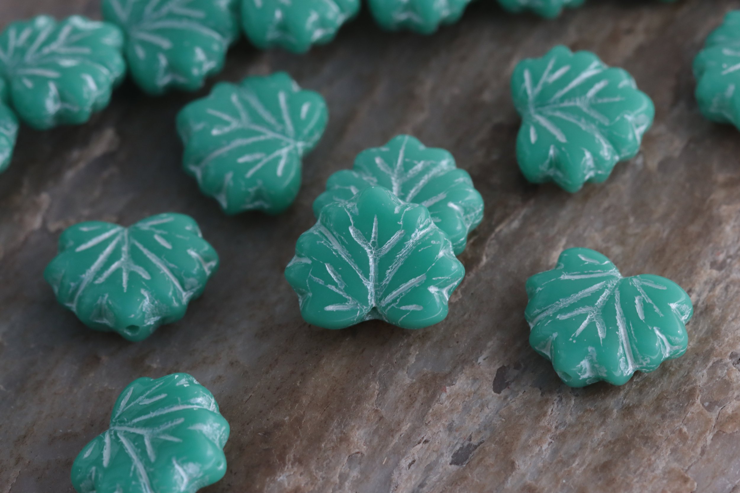 Light Green Turquoise Maple Leaf Czech Glass Beads 13x11mm