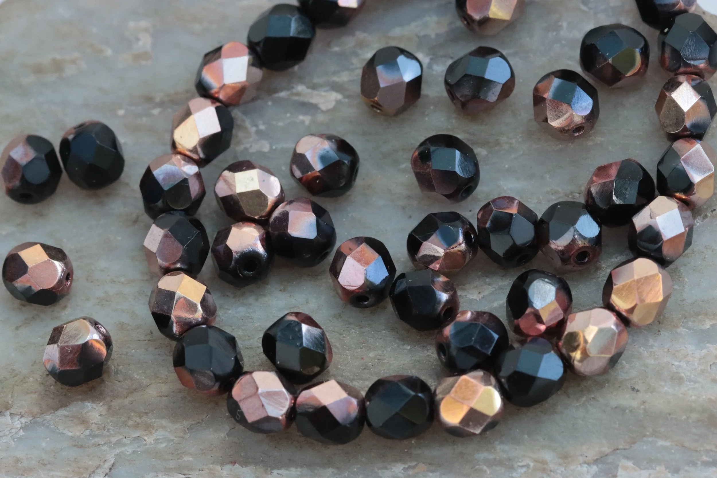 6mm Jet Black with Capri Gold Fire Polish Round Czech Glass Beads