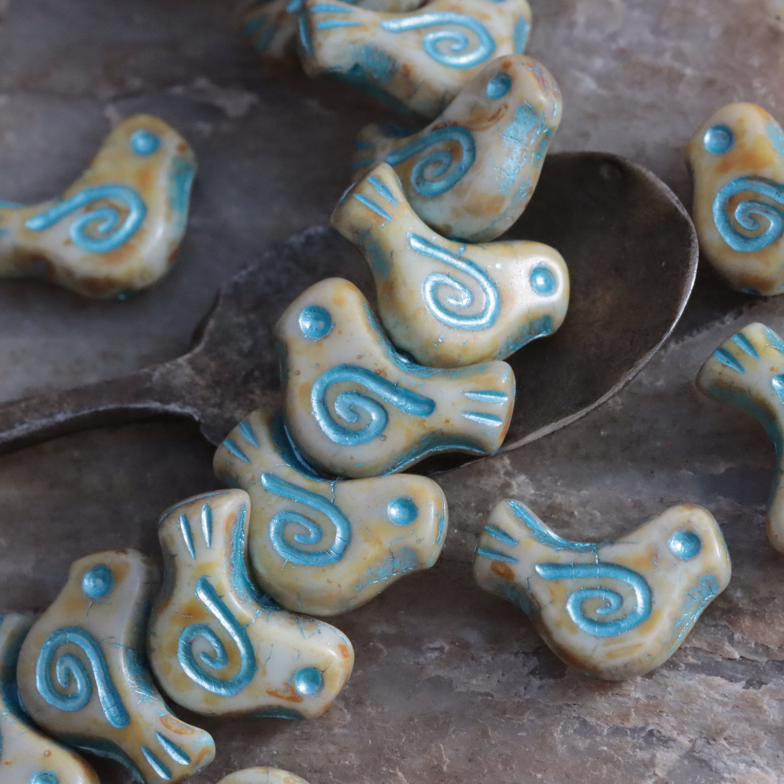 Honey Picasso with Sky Blue Czech Glass Bird Beads 16x12mm