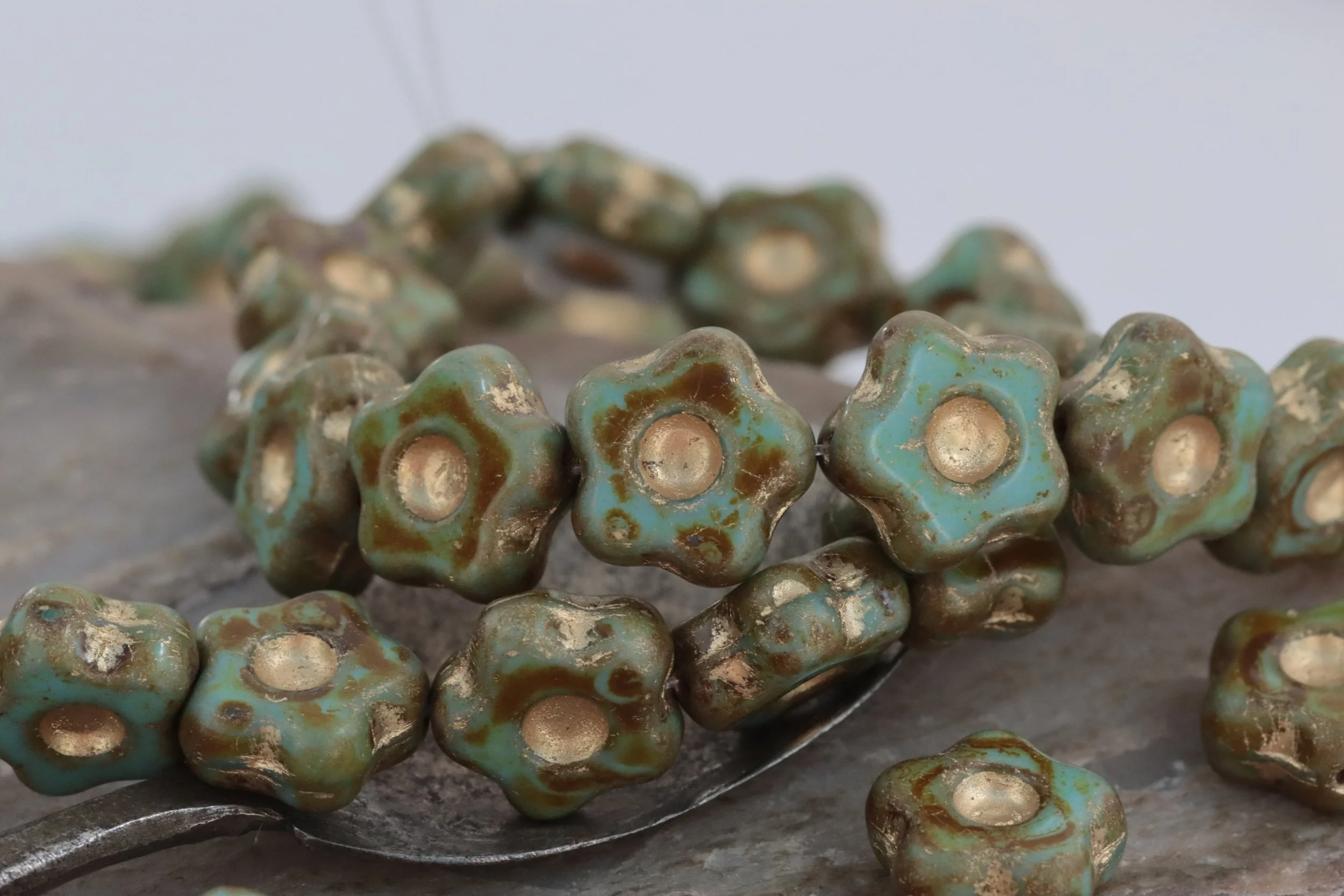 Earthy Green Turquoise Czech Glass Star Flower Beads 11mm