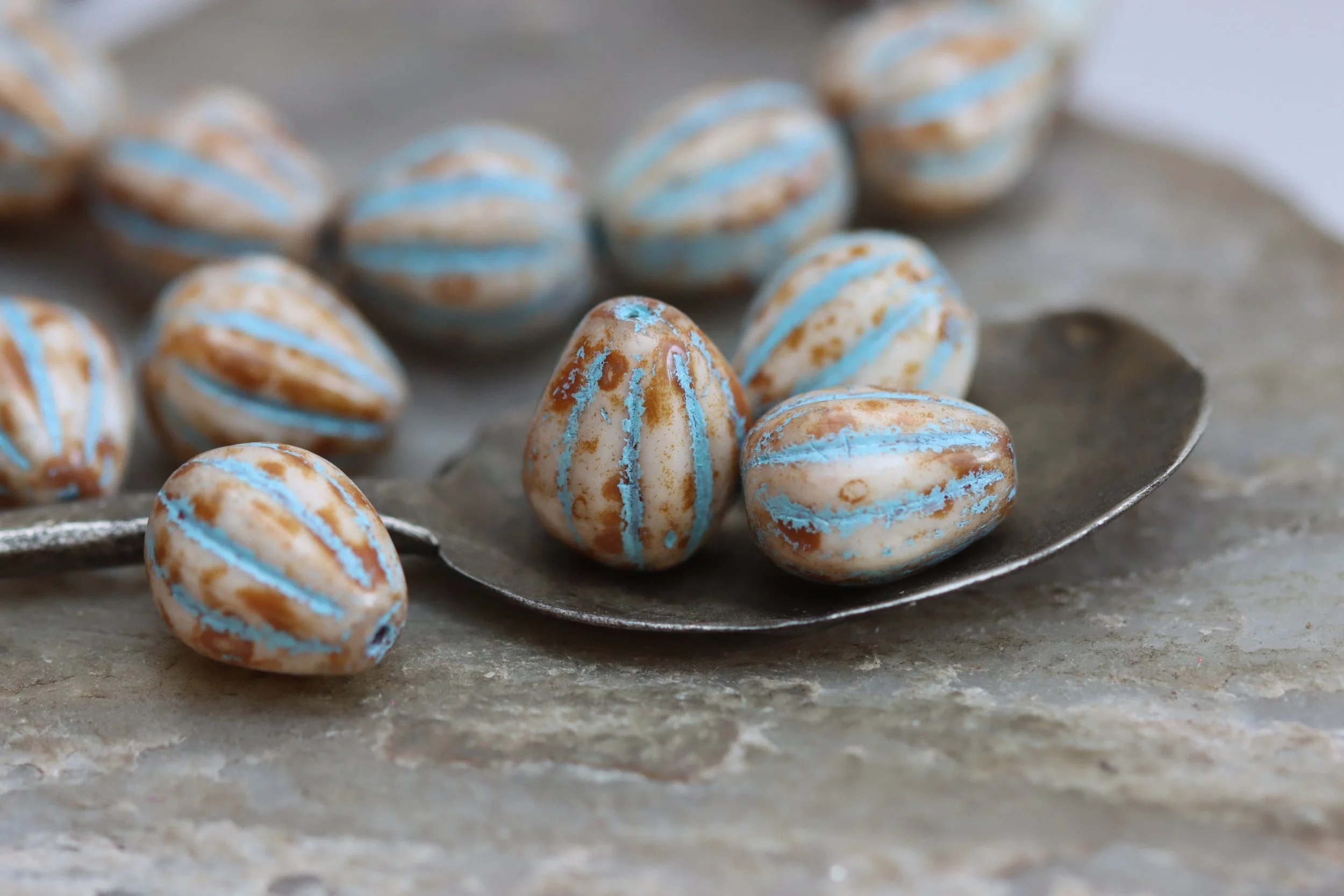 Czech Glass Melon Drop Beads 11x9mm, Beige Picasso Sky Blue