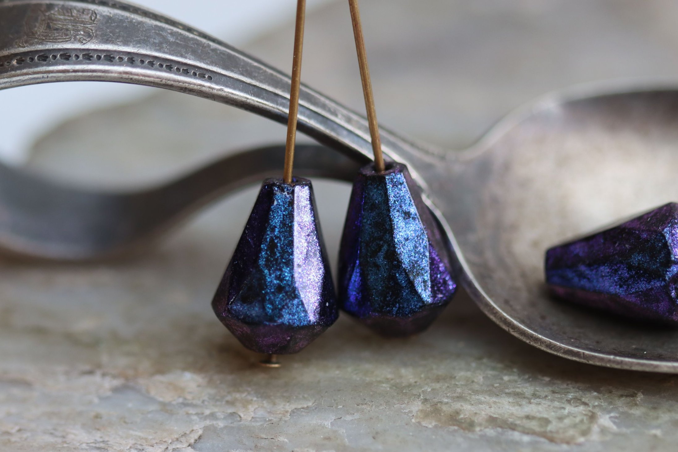 Metallic Blue Galaxy Faceted Drop Czech Glass Beads 14x10mm