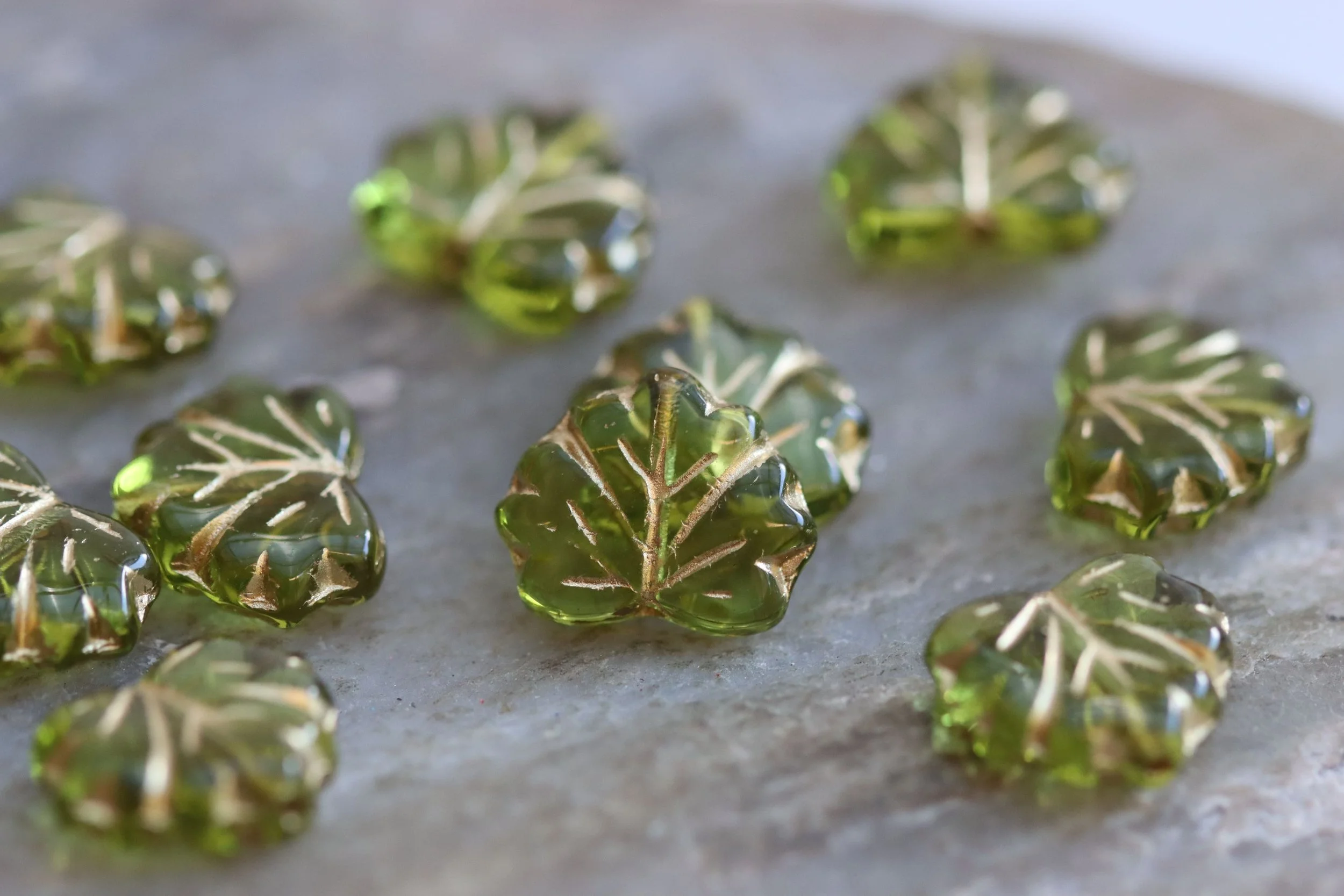 Peridot with Gold Wash Maple Leaf Czech Glass Beads 13x11mm