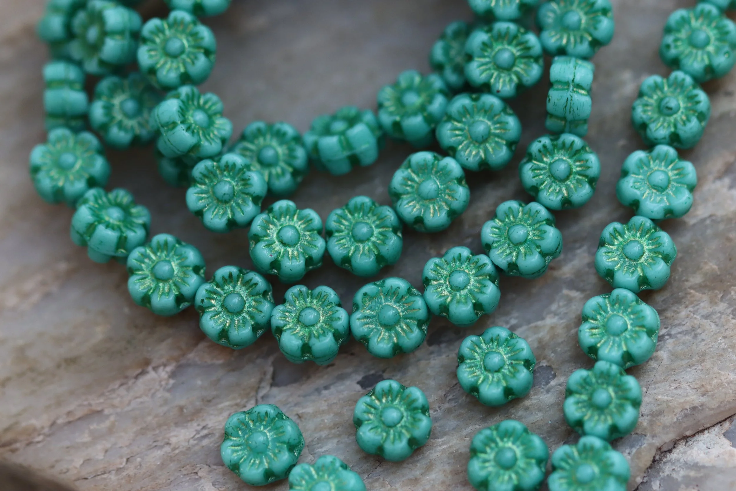 Green with Metallic Wash Tiny Hawaiian Flower Czech Glass Beads 7mm
