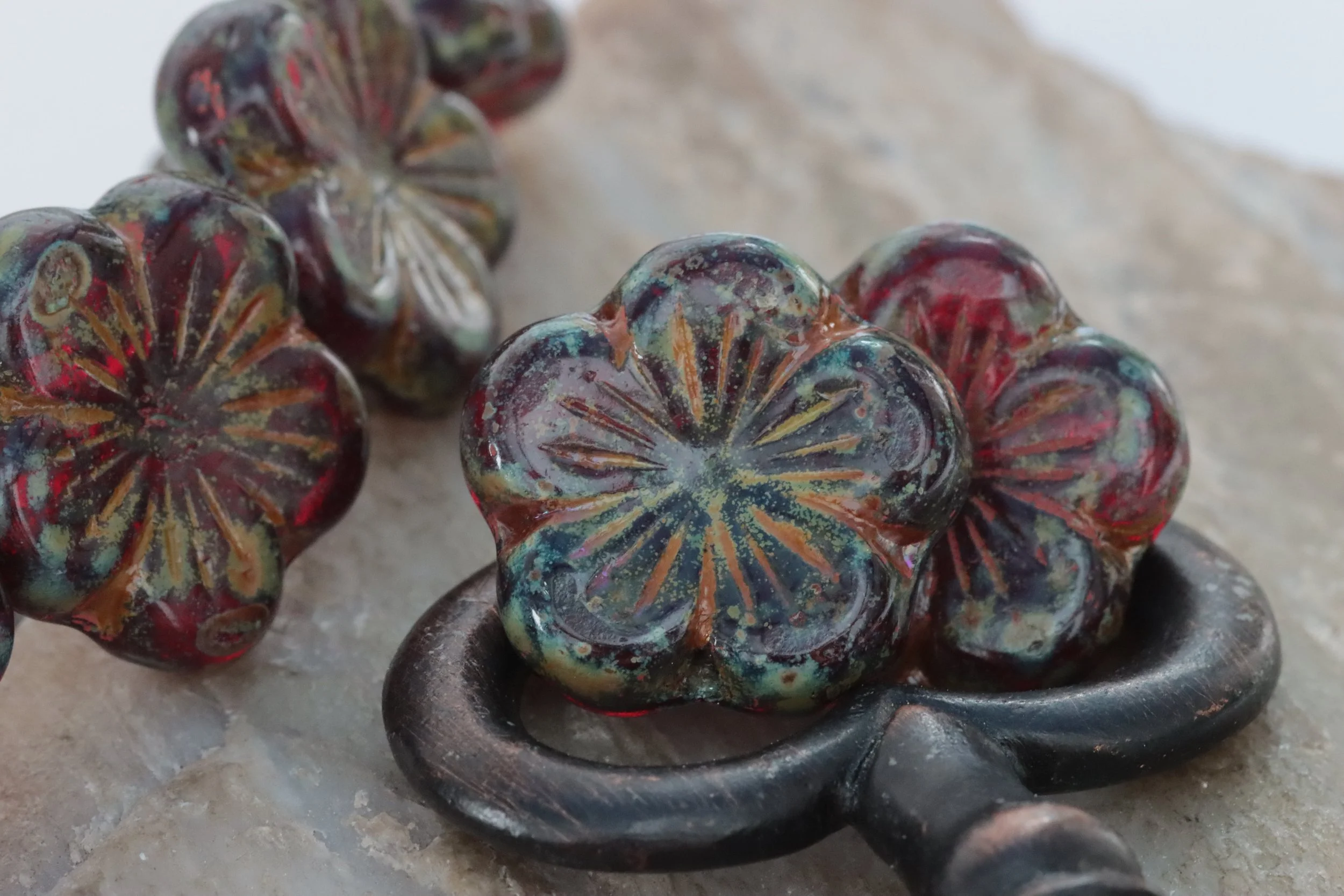 Ruby Red Picasso Czech Glass Hibiscus Beads 20mm